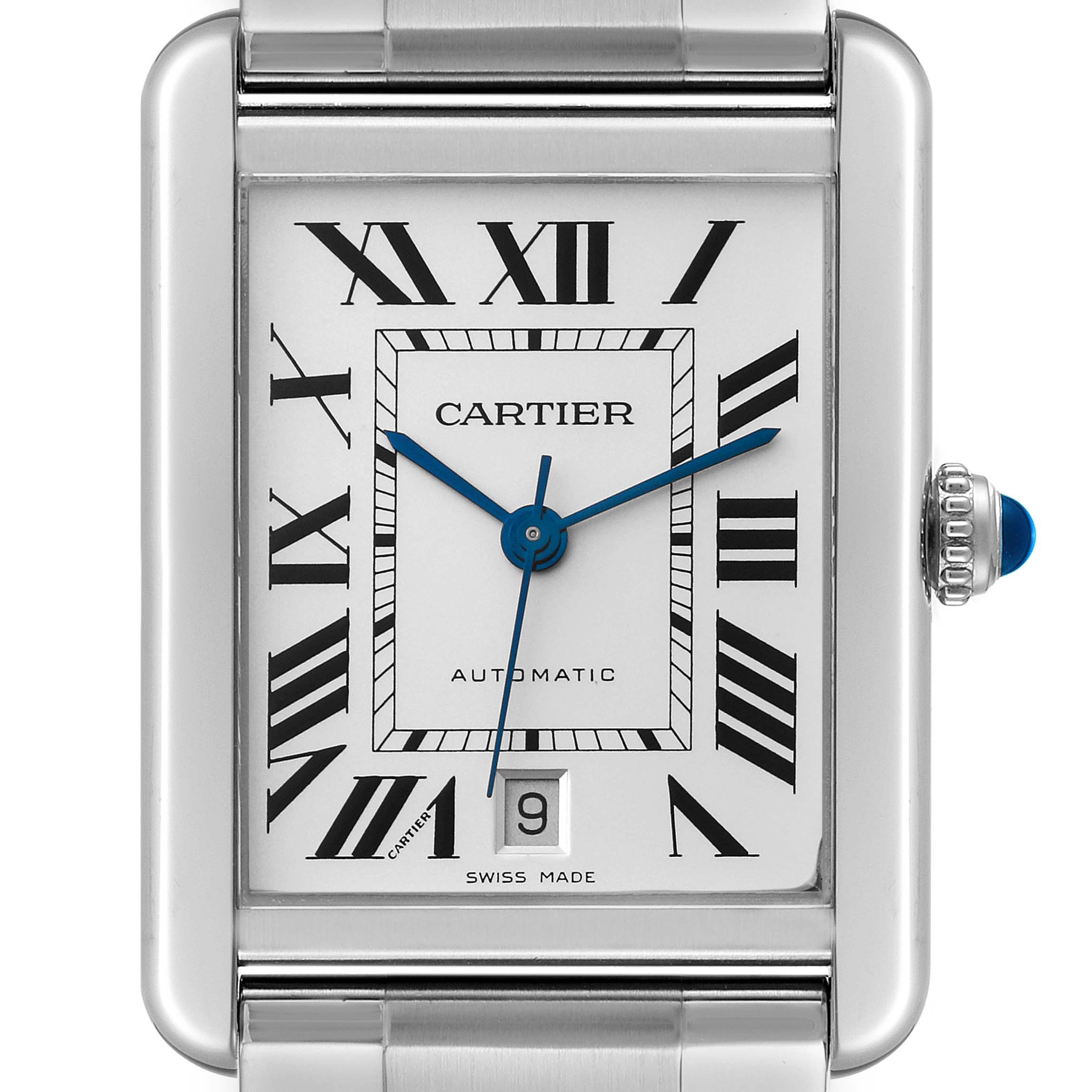 This image shows a close-up of the Cartier Tank Solo W5200028 Men
s Stainless Steel Silver Dial W5200028 Men
s Stainless Steel Silver Dial watch, highlighting the dial, hands, and crown with a blue cabochon.