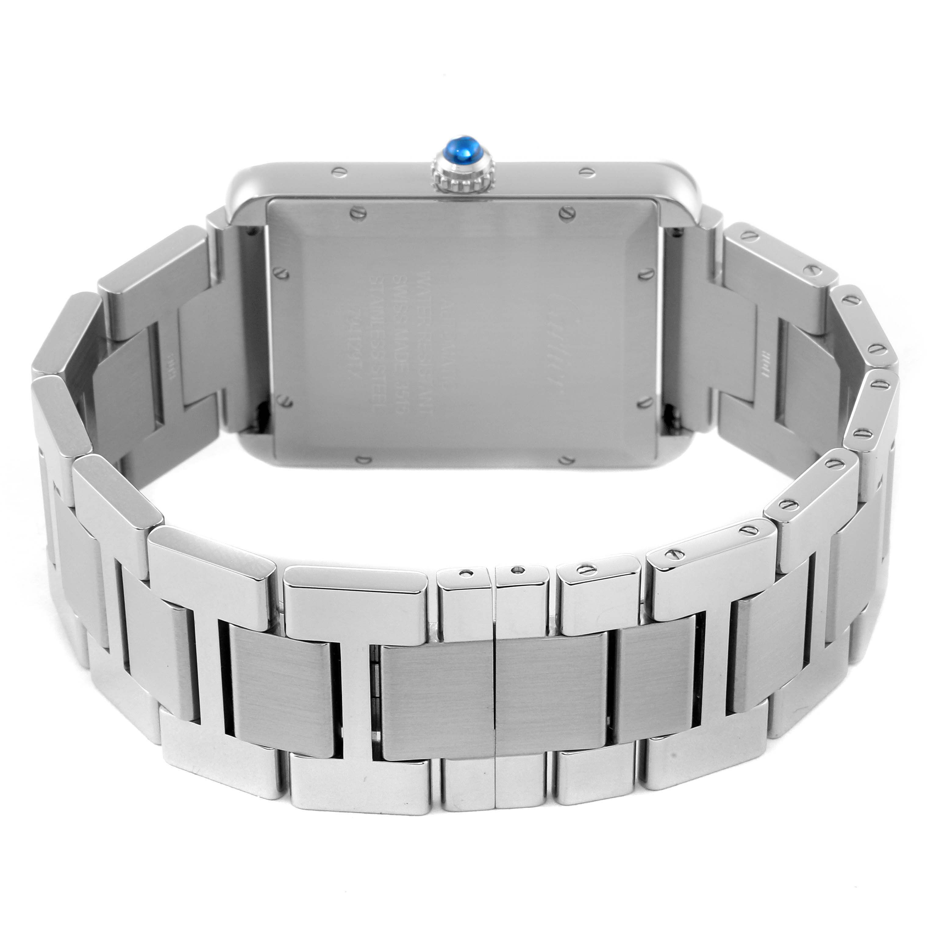 The image shows the back and bracelet of a Cartier Tank Solo W5200028 Men
s Stainless Steel Silver Dial W5200028 Men
s Stainless Steel Silver Dial watch, highlighting the clasp and case back.