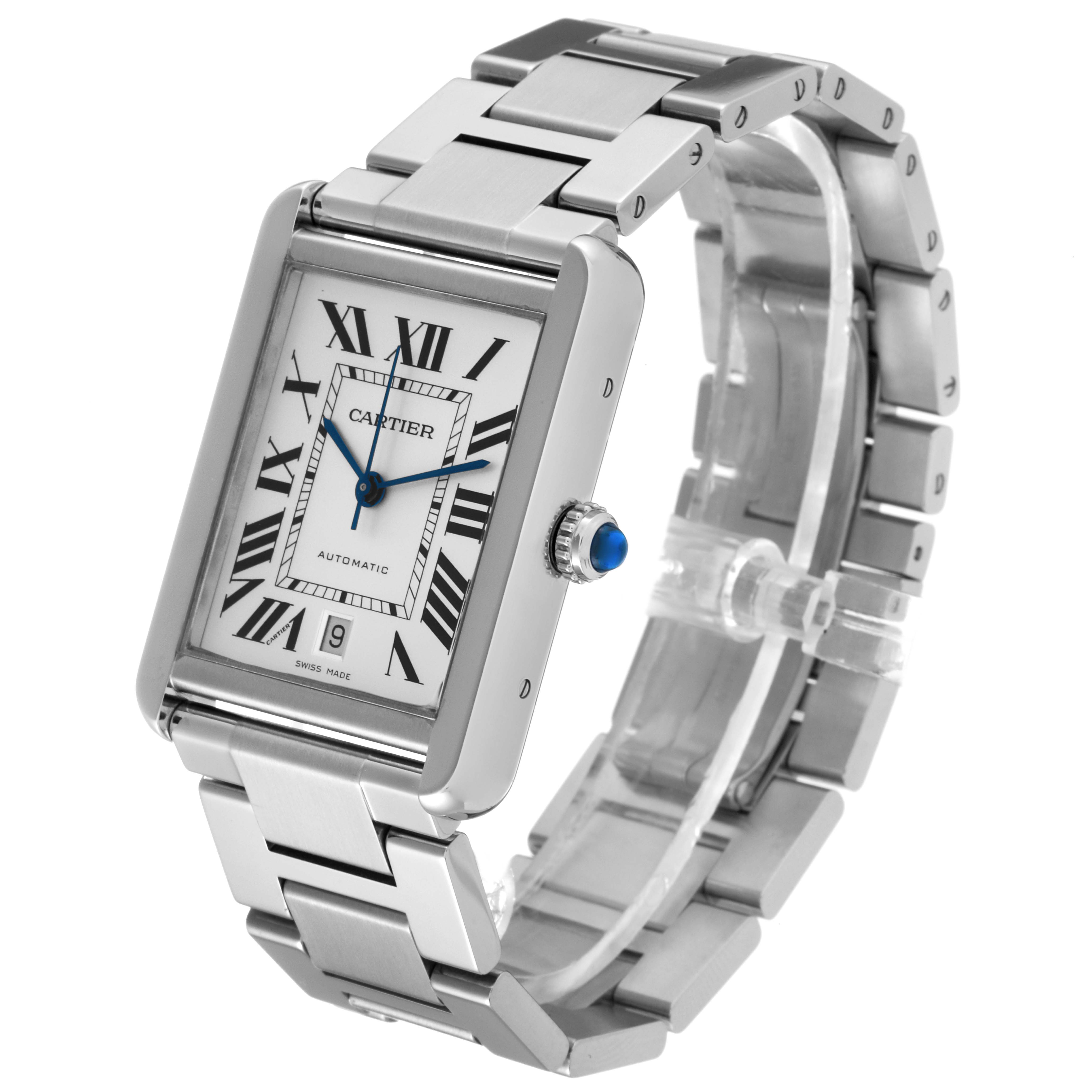 The Cartier Tank Solo W5200028 Men
s Stainless Steel Silver Dial W5200028 Men
s Stainless Steel Silver Dial watch is shown at a three-quarter angle, displaying its face, bracelet, and crown.