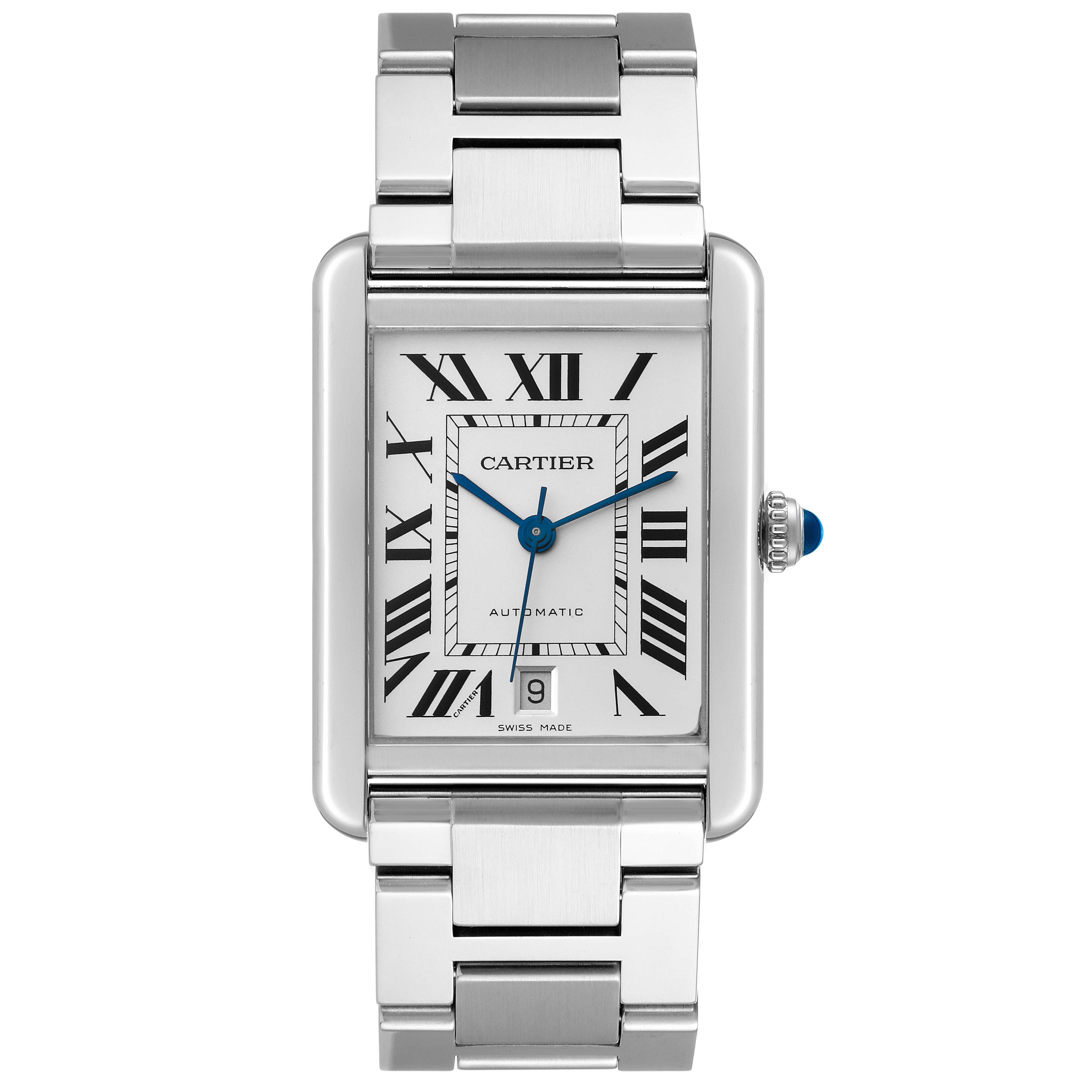 The image shows a Cartier Tank Solo W5200028 Men
s Stainless Steel Silver Dial W5200028 Men
s Stainless Steel Silver Dial watch from a front angle, detailing the face, hands, crown, and part of the bracelet.