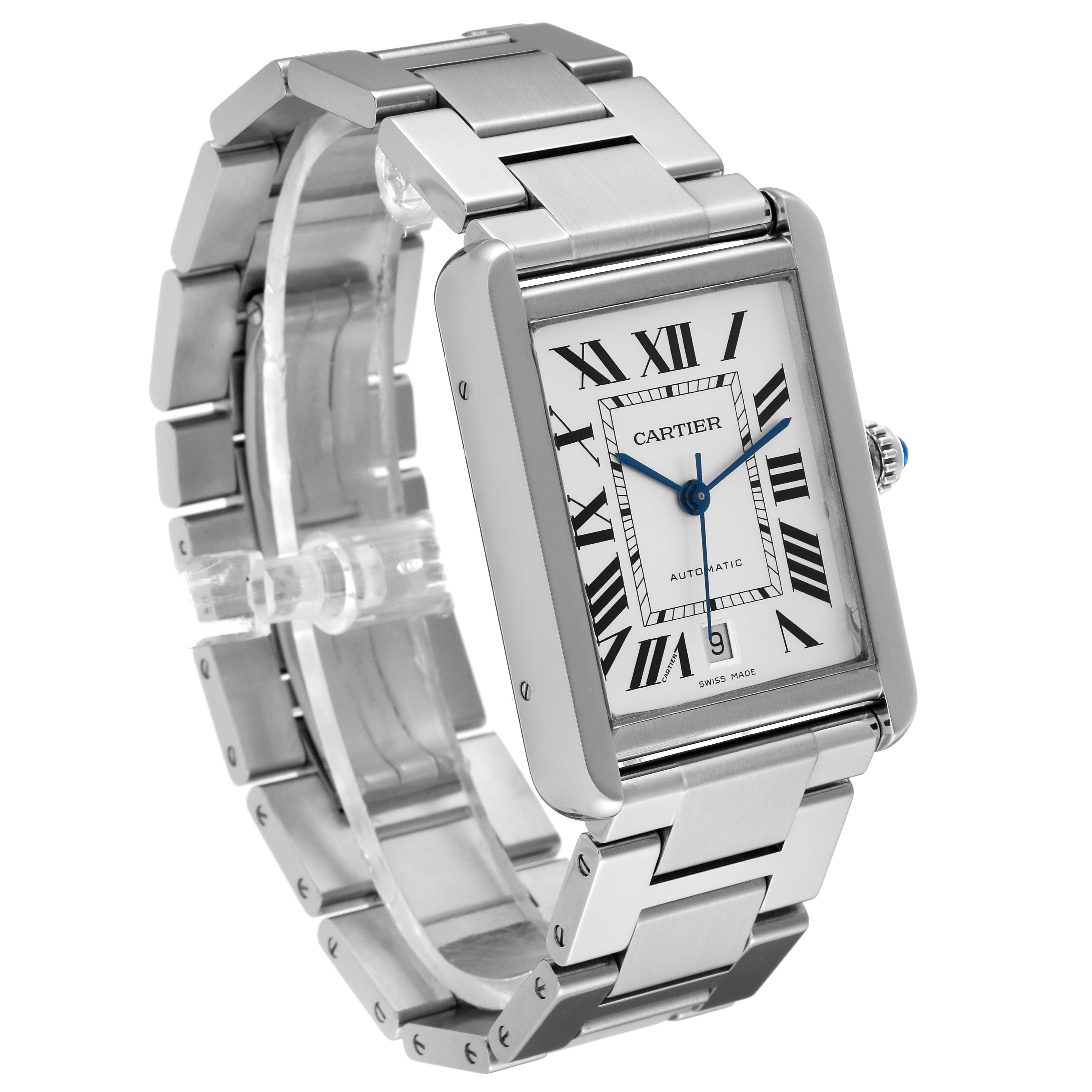 The Cartier Tank Solo W5200028 Men
s Stainless Steel Silver Dial W5200028 Men
s Stainless Steel Silver Dial watch is shown at an angled view displaying its rectangular face and stainless steel bracelet.