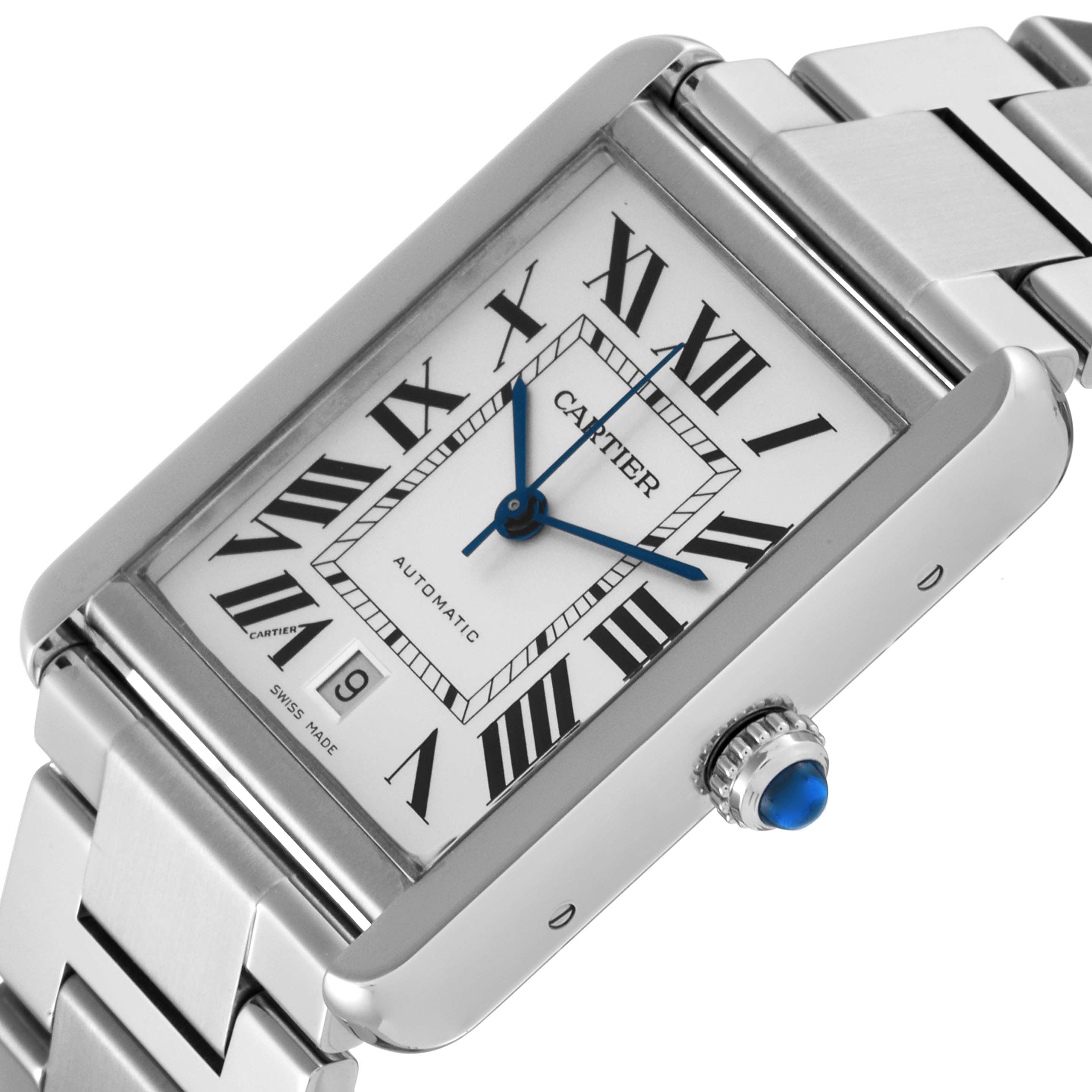 This image of the Cartier Tank Solo W5200028 Men
s Stainless Steel Silver Dial W5200028 Men
s Stainless Steel Silver Dial watch shows a close-up of the dial, crown, and part of the bracelet at an angled view.