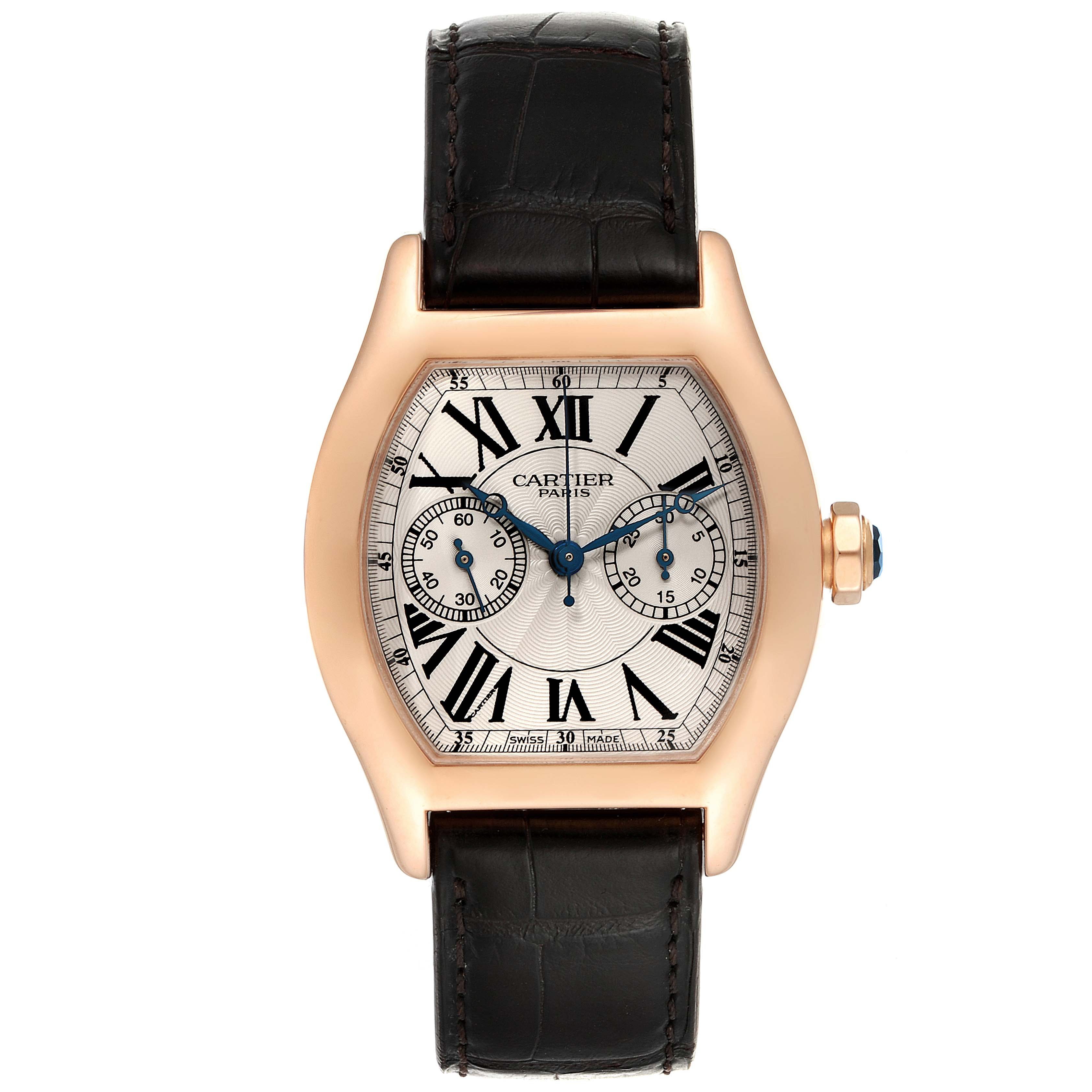 This image shows a front view of a Cartier Tortue W1543651 Men's Rose Gold Silver Dial W1543651 Men's Rose Gold Silver Dial watch featuring a leather strap and a detailed dial with Roman numerals.