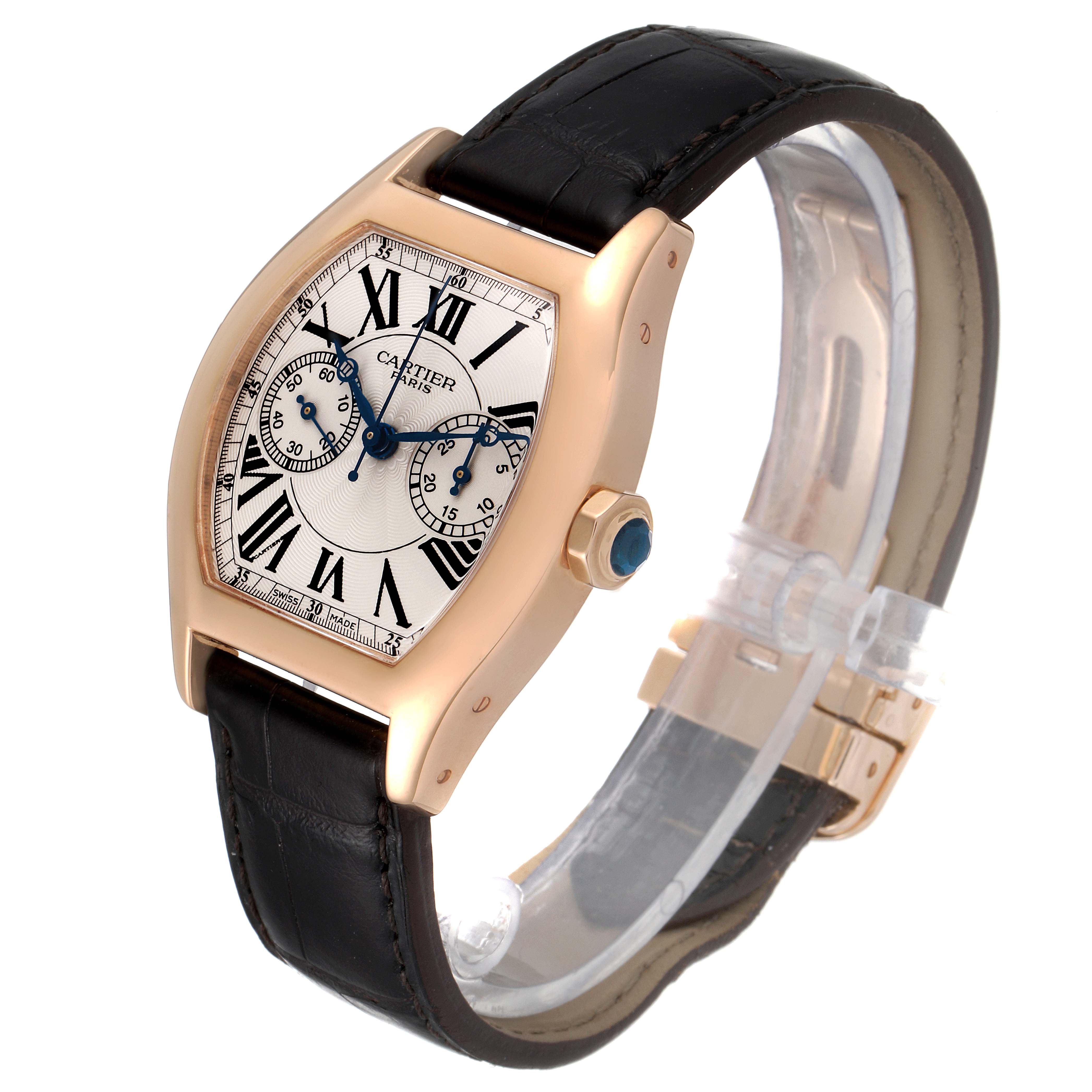 This image shows a Cartier Tortue W1543651 Men's Rose Gold Silver Dial W1543651 Men's Rose Gold Silver Dial model watch angled to display the dial, black leather strap, and crown.