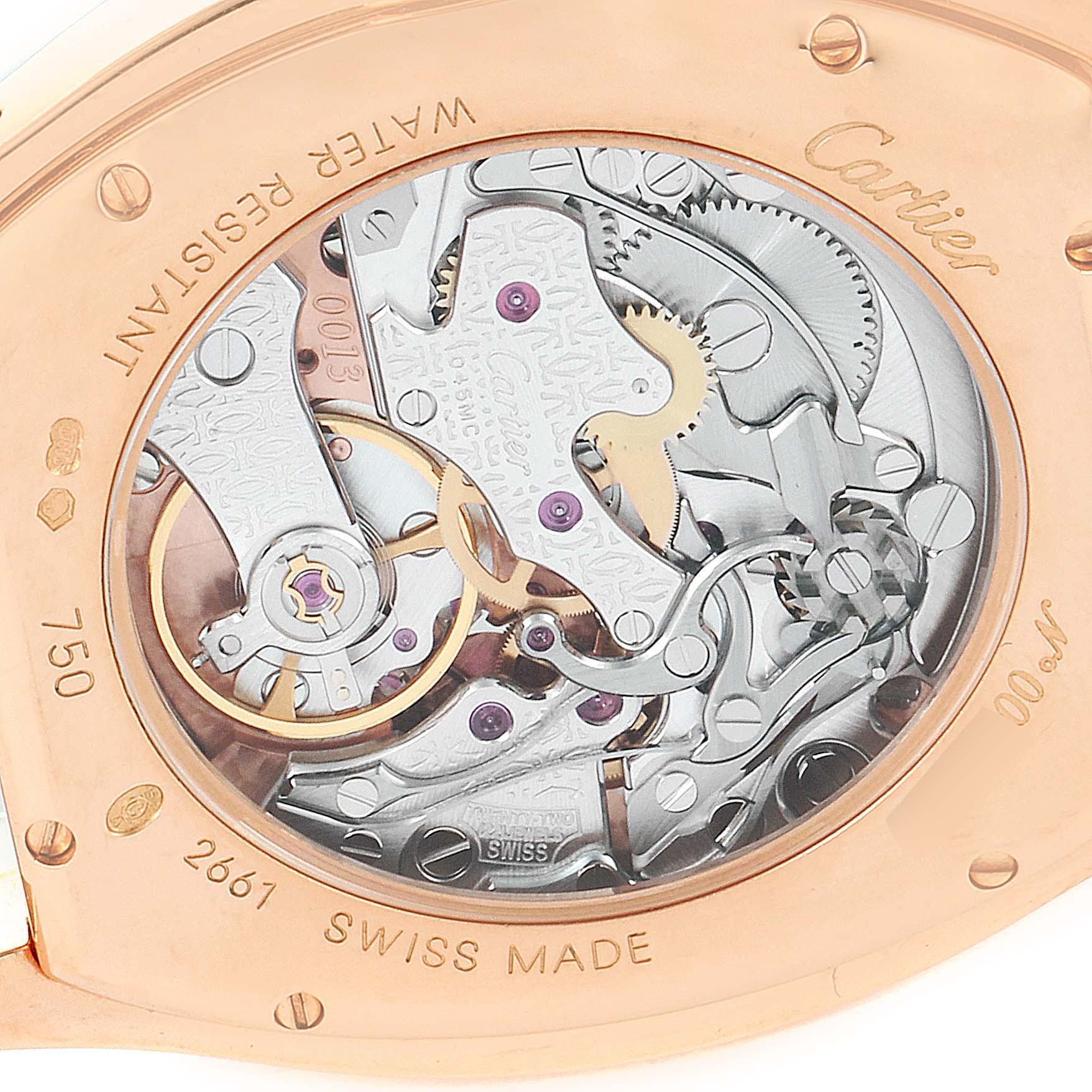 This image shows the back view of a Cartier Tortue W1543651 Men's Rose Gold Silver Dial W1543651 Men's Rose Gold Silver Dial watch, revealing its intricate mechanical movement and inscribed details.