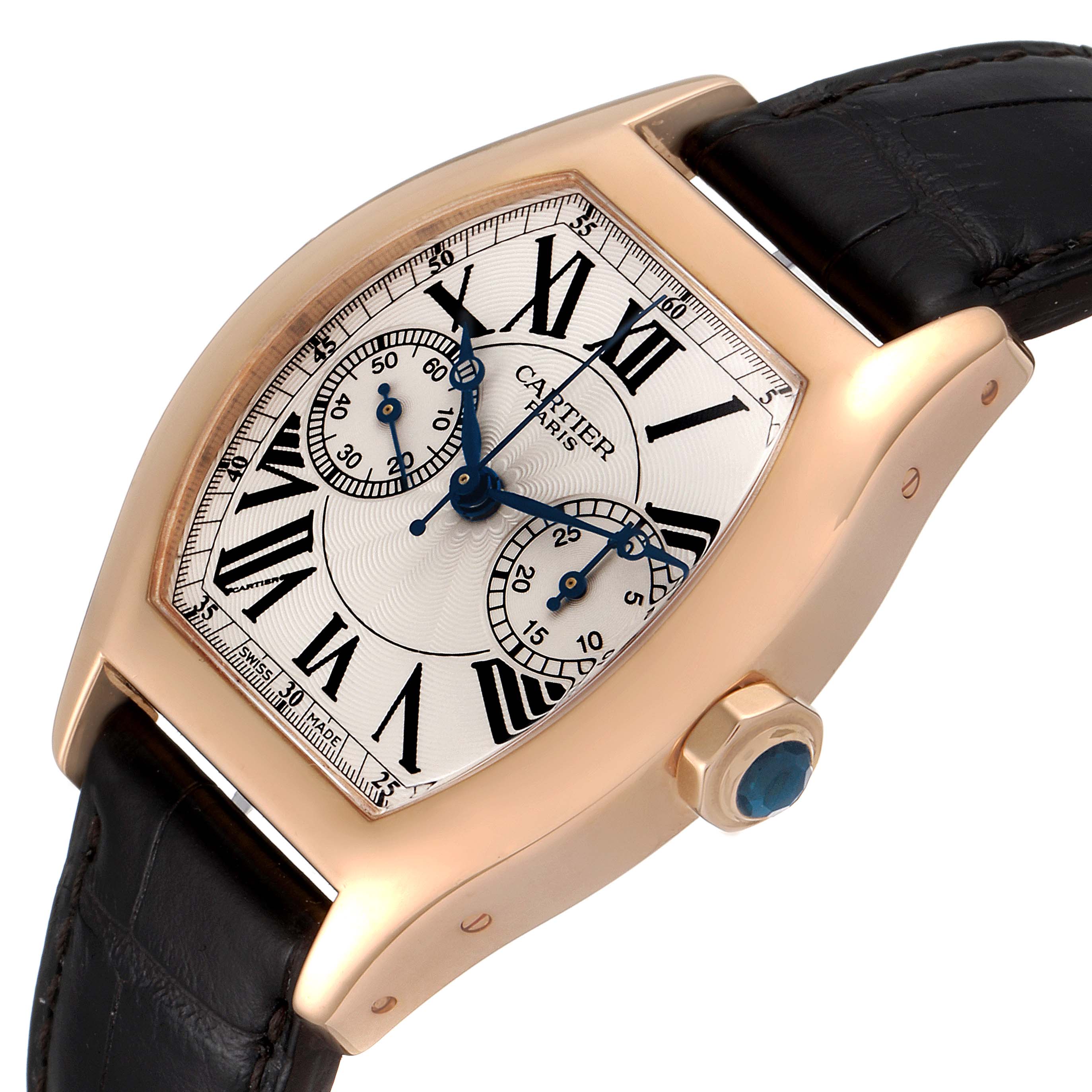 The image shows a Cartier Tortue W1543651 Men's Rose Gold Silver Dial W1543651 Men's Rose Gold Silver Dial watch angled to display the face, crown, case, and part of the leather strap.