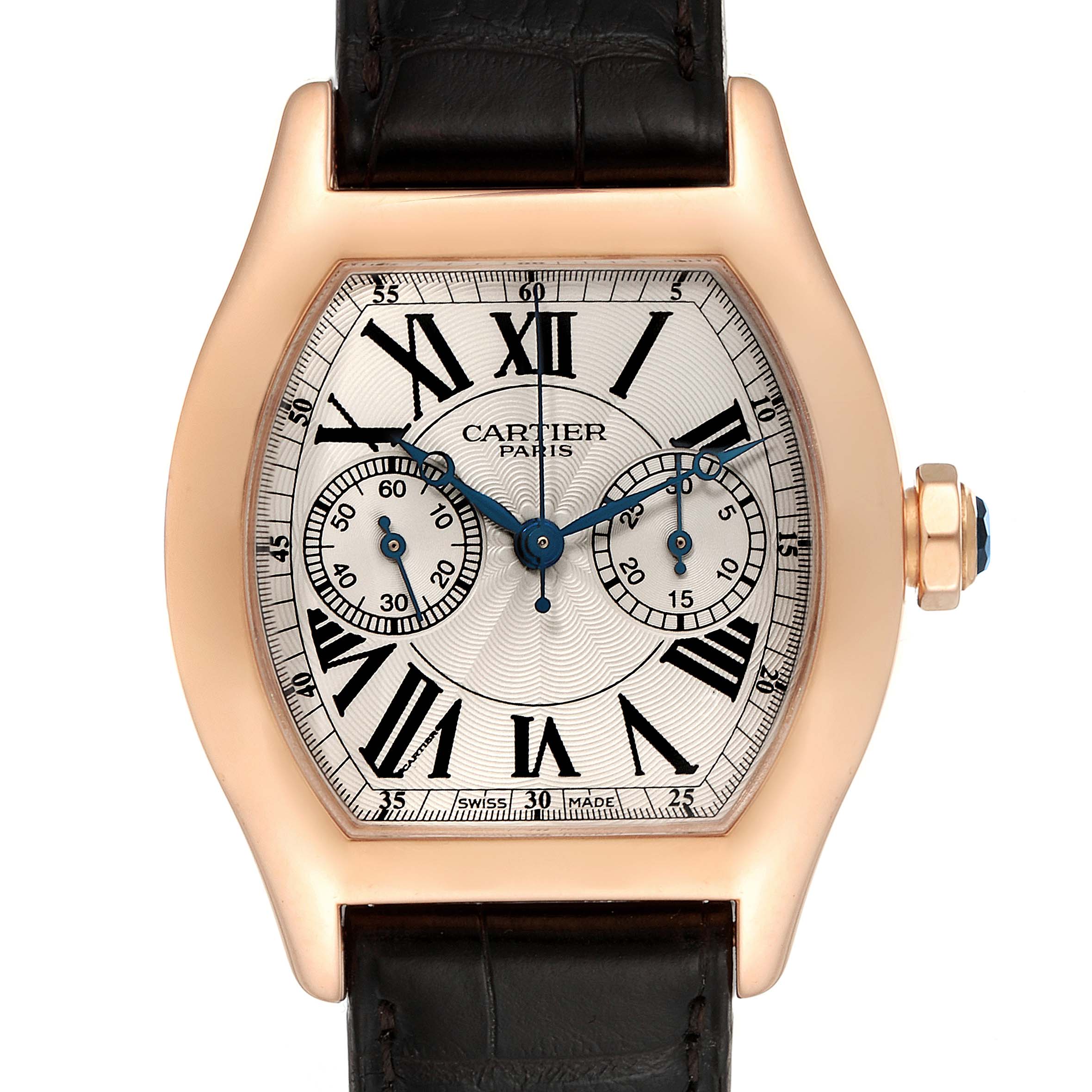 This is a front view of a Cartier Tortue W1543651 Men's Rose Gold Silver Dial W1543651 Men's Rose Gold Silver Dial model watch showing its dial, case, strap, crown, and subdials.