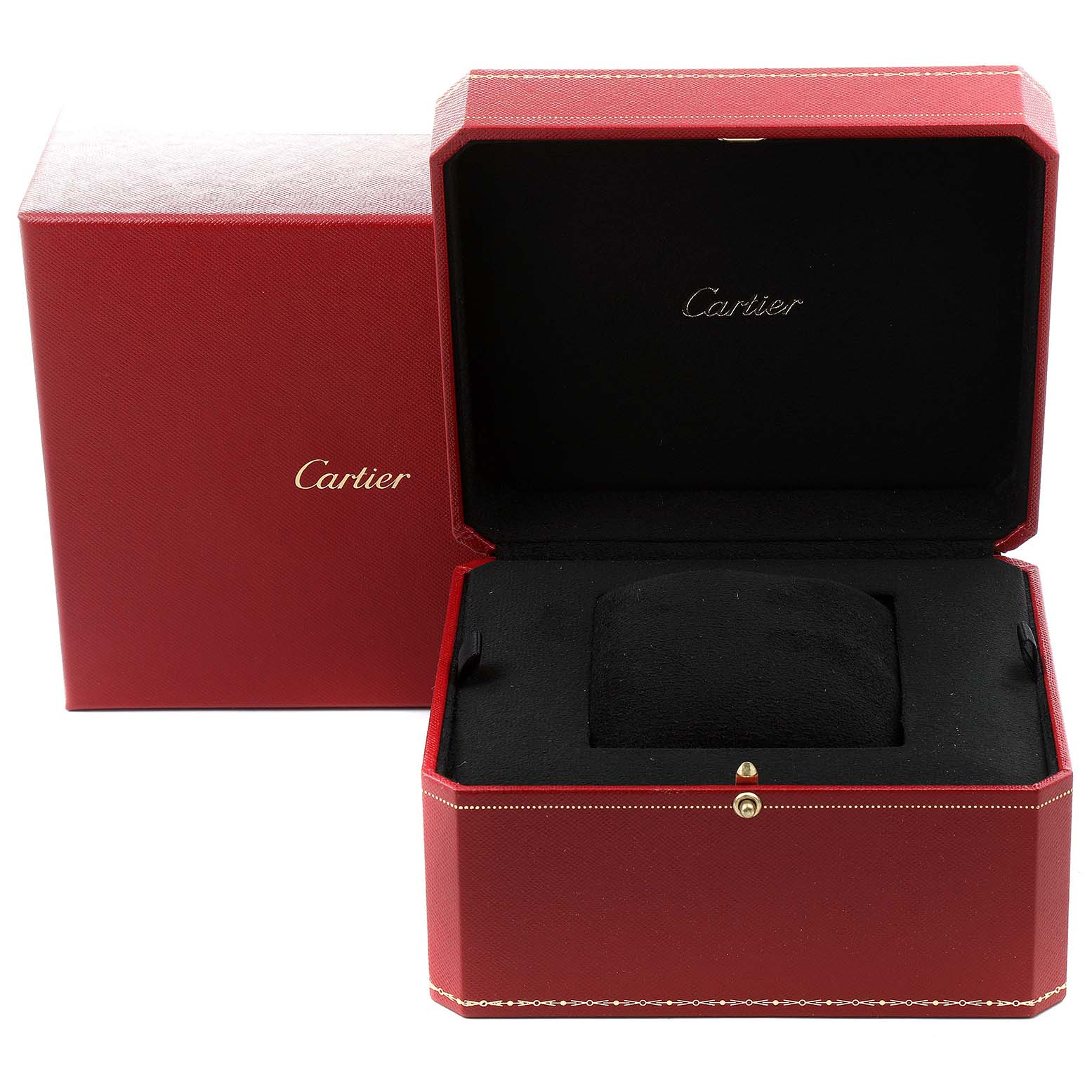 The image shows the watch box and packaging for the Cartier Tortue W1543651 Men's Rose Gold Silver Dial W1543651 Men's Rose Gold Silver Dial model, featuring a red exterior and black interior.