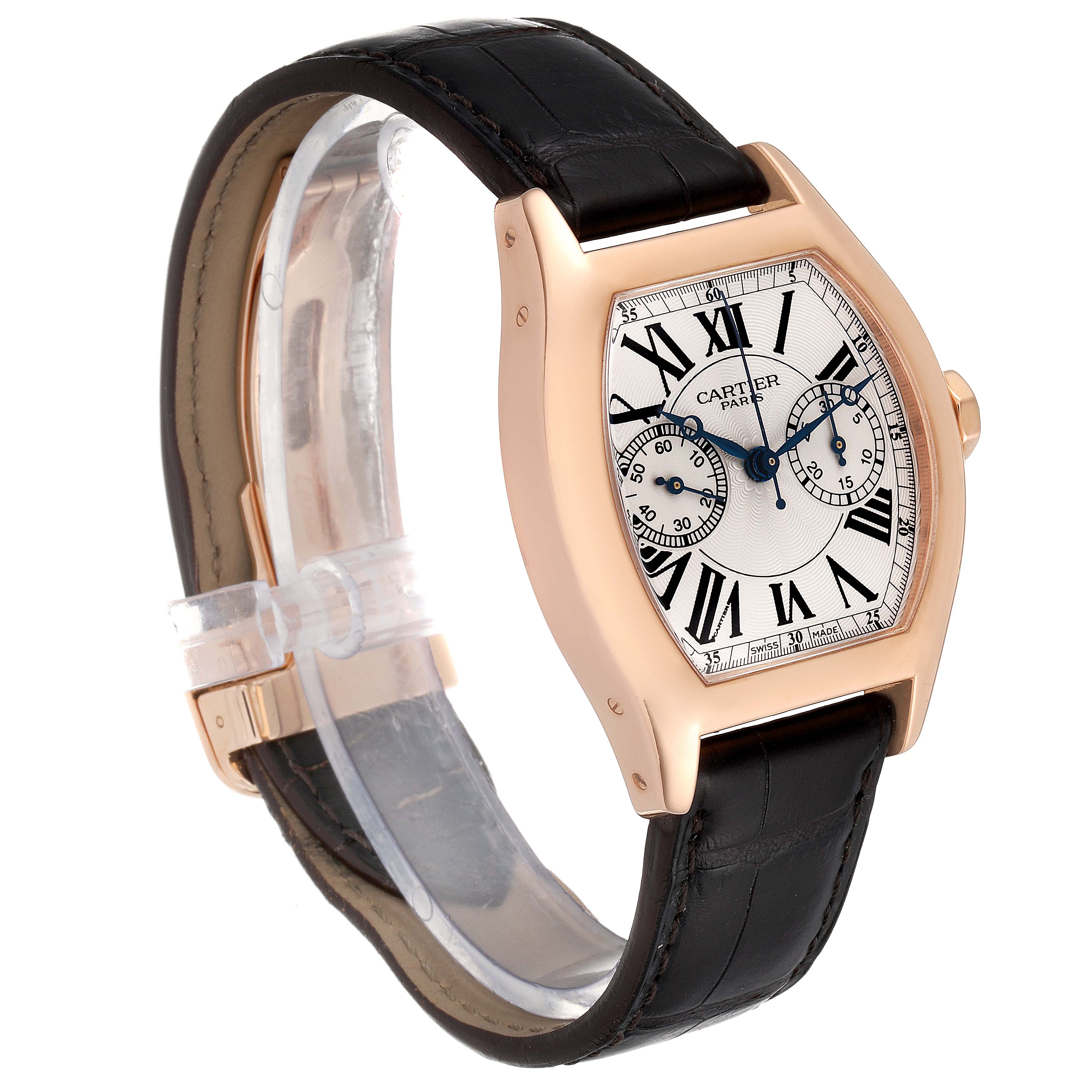The Cartier Tortue W1543651 Men's Rose Gold Silver Dial W1543651 Men's Rose Gold Silver Dial watch is shown at a slight angle, highlighting its face, case, and black leather strap.