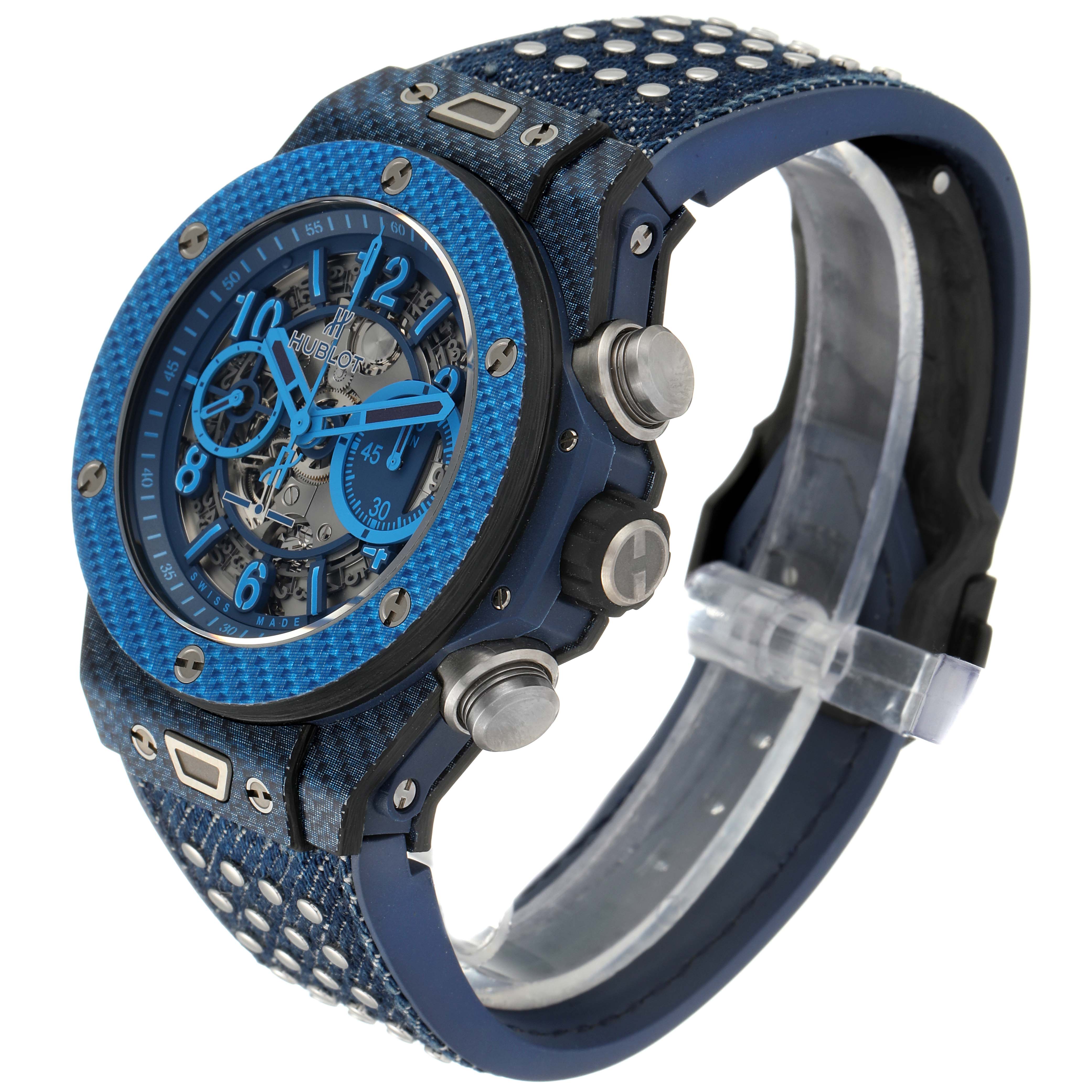 The image shows a side view of the Hublot Big Bang Unico 411.YL.5190.NR.ITI16 Men's Titanium Transparent Dial 411.YL.5190.NR.ITI16 Men's Titanium Transparent Dial watch, highlighting its face, bezel, pushers, and strap.