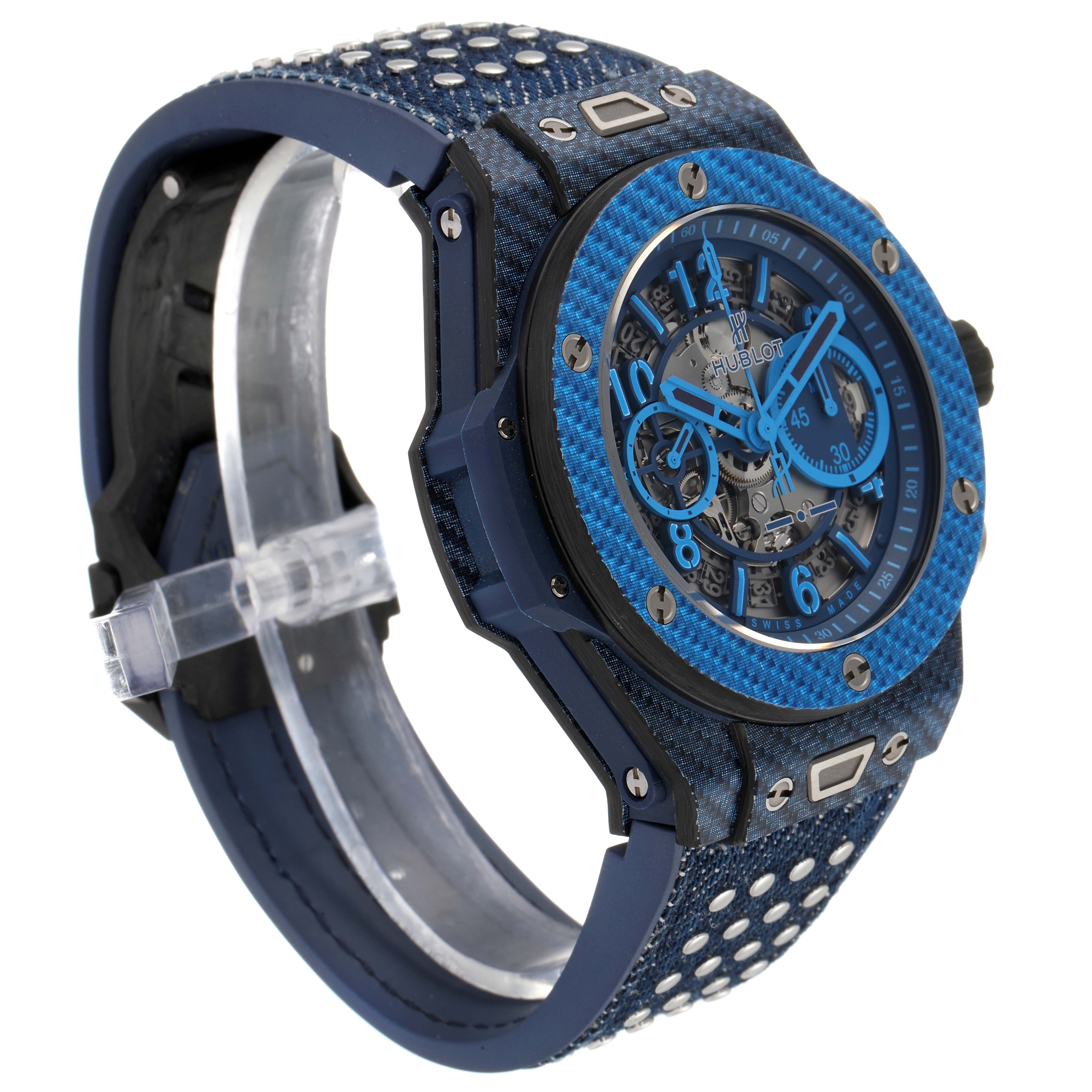 The image shows a side angle of the Hublot Big Bang Unico 411.YL.5190.NR.ITI16 Men's Titanium Transparent Dial 411.YL.5190.NR.ITI16 Men's Titanium Transparent Dial watch, highlighting the strap and partially the face and bezel.