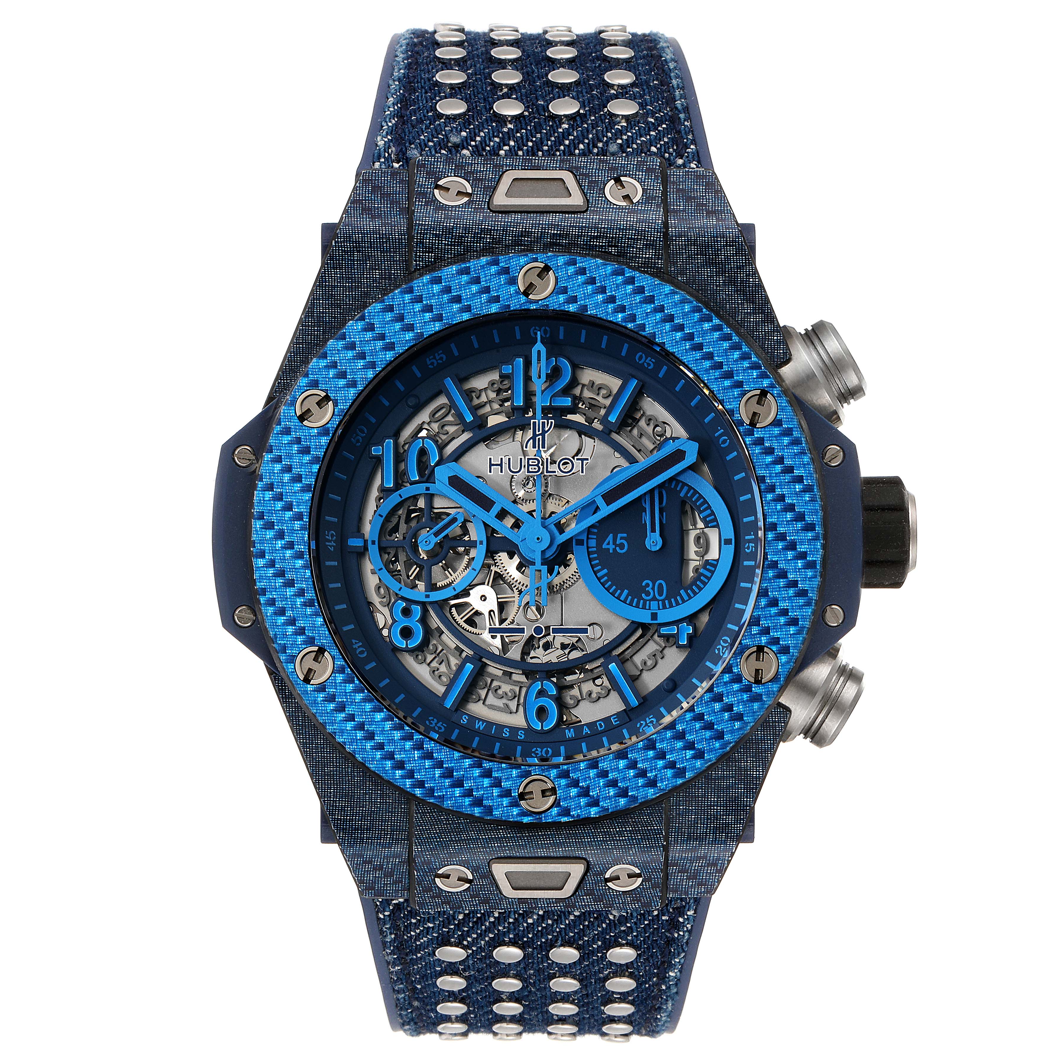 This image shows a front view of the Hublot Big Bang Unico 411.YL.5190.NR.ITI16 Men's Titanium Transparent Dial 411.YL.5190.NR.ITI16 Men's Titanium Transparent Dial watch, highlighting the dial, case, bezel, and strap.