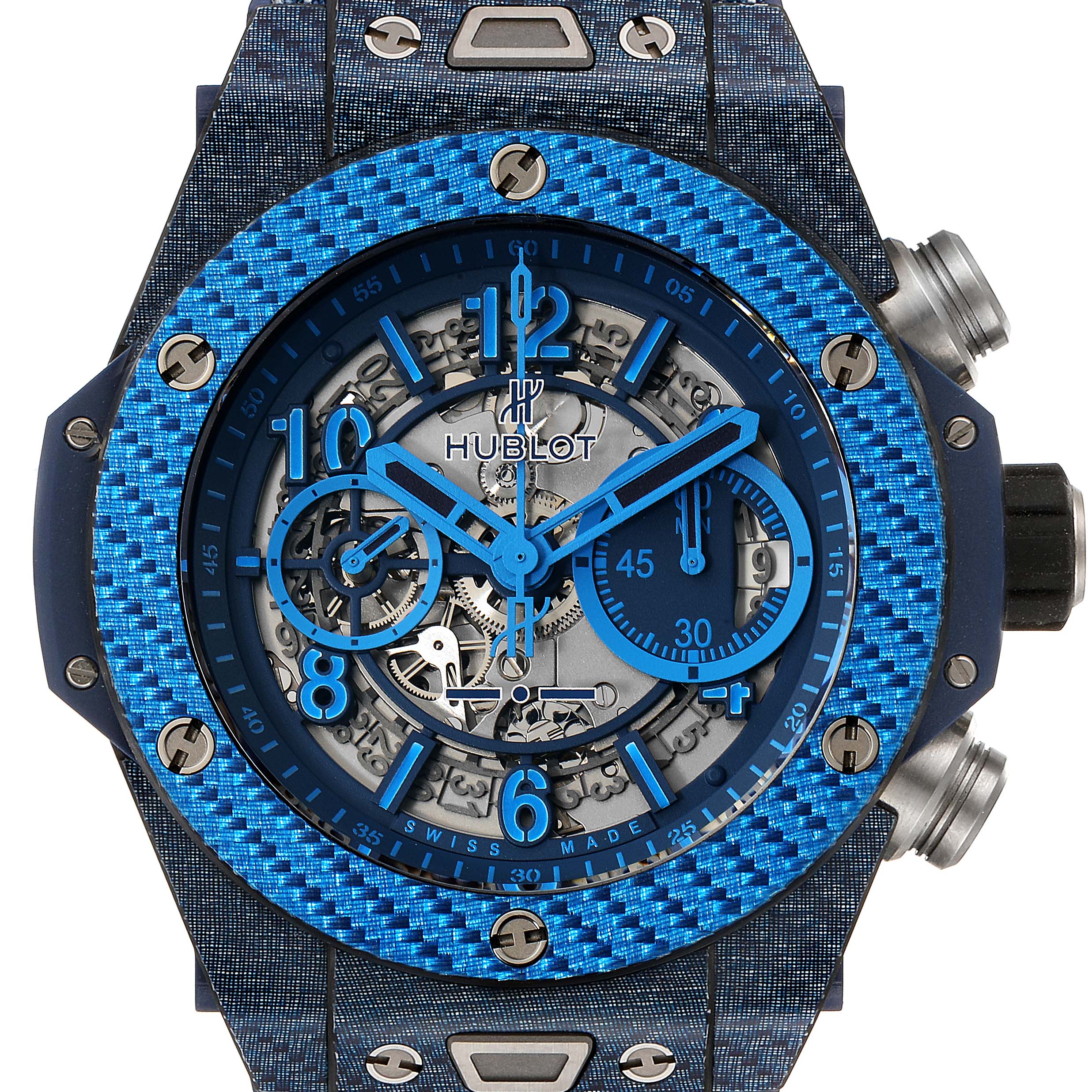 The image shows a frontal view of the Hublot Big Bang Unico 411.YL.5190.NR.ITI16 Men's Titanium Transparent Dial 411.YL.5190.NR.ITI16 Men's Titanium Transparent Dial watch, highlighting the dial, hands, bezel, and strap connection.