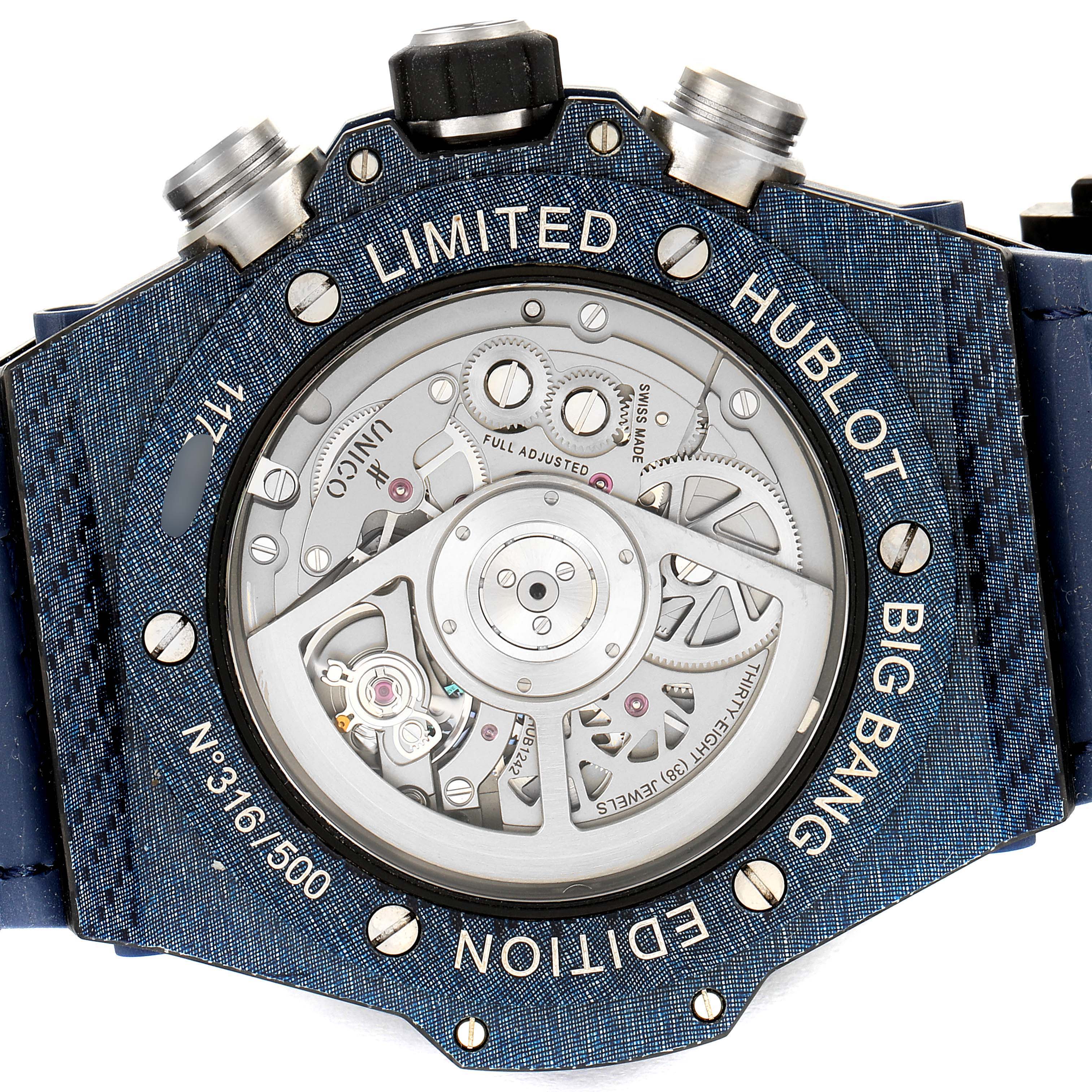 This image shows the back of the Hublot Big Bang Unico 411.YL.5190.NR.ITI16 Men's Titanium Transparent Dial 411.YL.5190.NR.ITI16 Men's Titanium Transparent Dial watch, highlighting its movement and limited edition details.