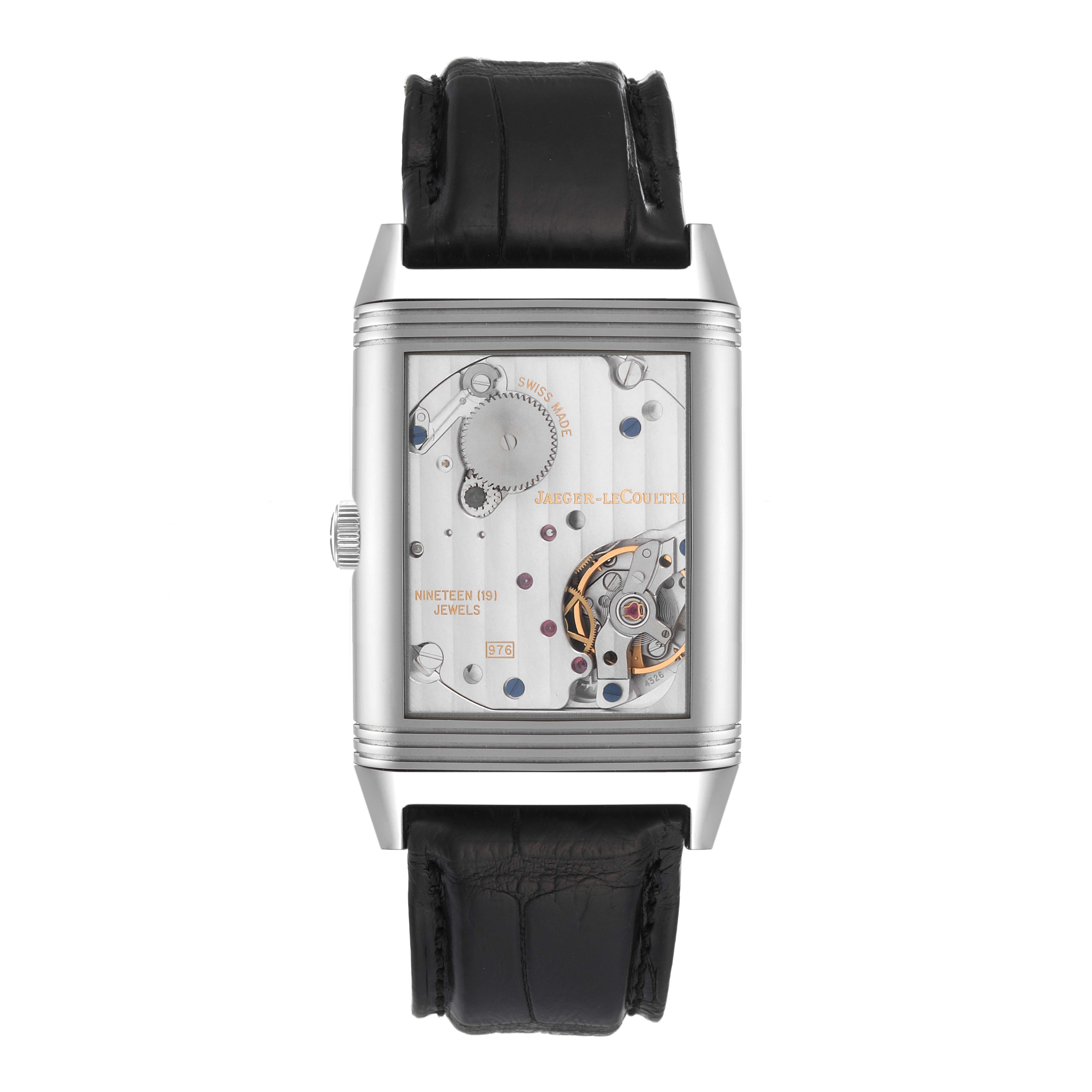 This image shows the back view of the Jaeger-LeCoultre Reverso model, highlighting the mechanical movement.