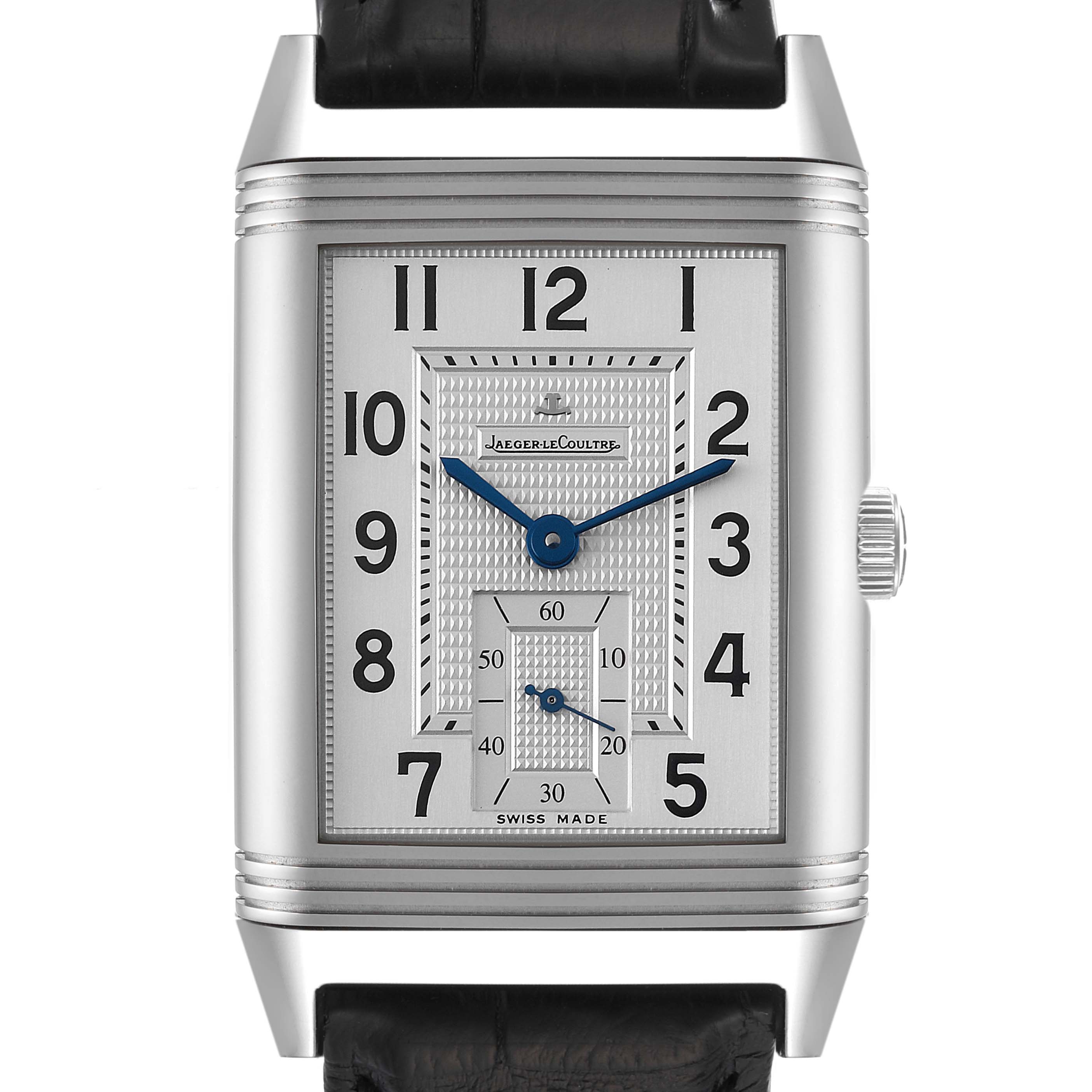 The image shows a frontal view of a Jaeger LeCoultre Reverso Q3738420 Men
s Stainless Steel Silver Dial Q3738420 Men
s Stainless Steel Silver Dial watch, displaying its face, hands, and crown.