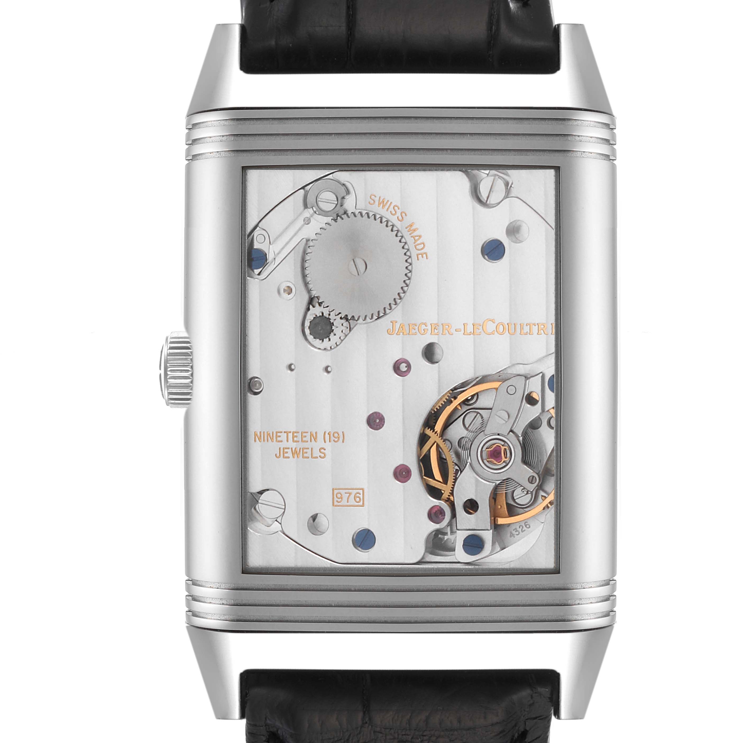 This image shows the movement and internal mechanism of a Jaeger LeCoultre Reverso Q3738420 Men
s Stainless Steel Silver Dial Q3738420 Men
s Stainless Steel Silver Dial watch, viewed from the back.