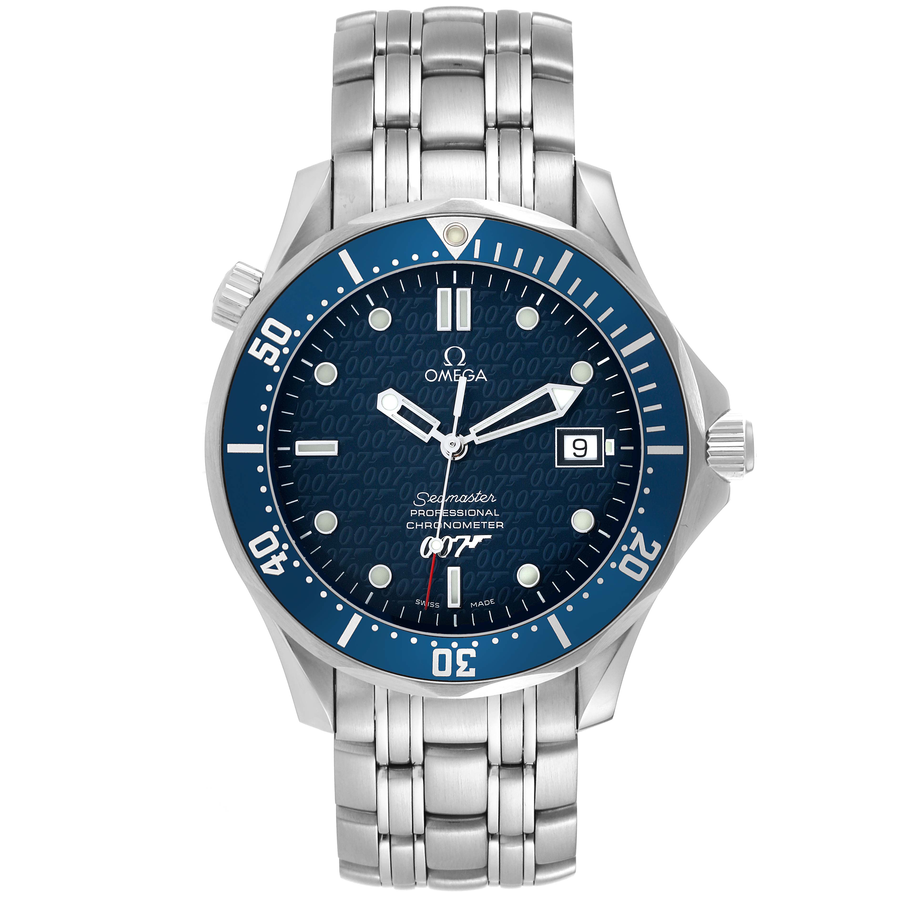 The image shows a front view of an Omega Seamaster 2537.80.00 Men's Stainless Steel Blue Dial 2537.80.00 Men's Stainless Steel Blue Dial watch, highlighting its dial, bezel, case, and bracelet.