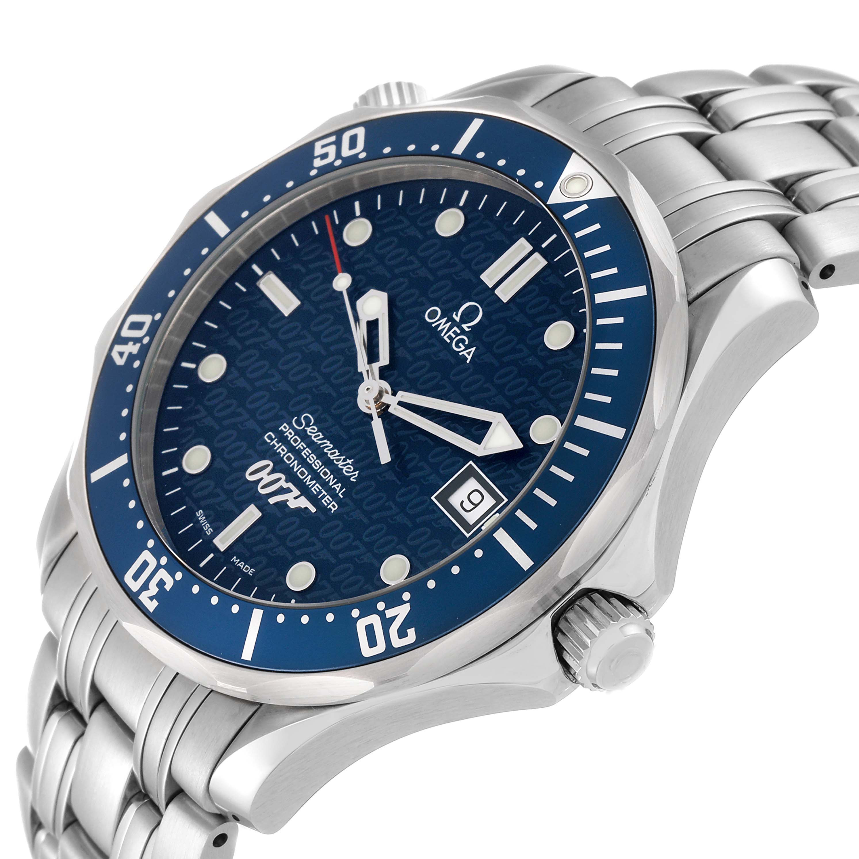 The Omega Seamaster 2537.80.00 Men's Stainless Steel Blue Dial 2537.80.00 Men's Stainless Steel Blue Dial watch is shown from an angled side view, displaying the blue dial, bezel, date window, and stainless steel bracelet.