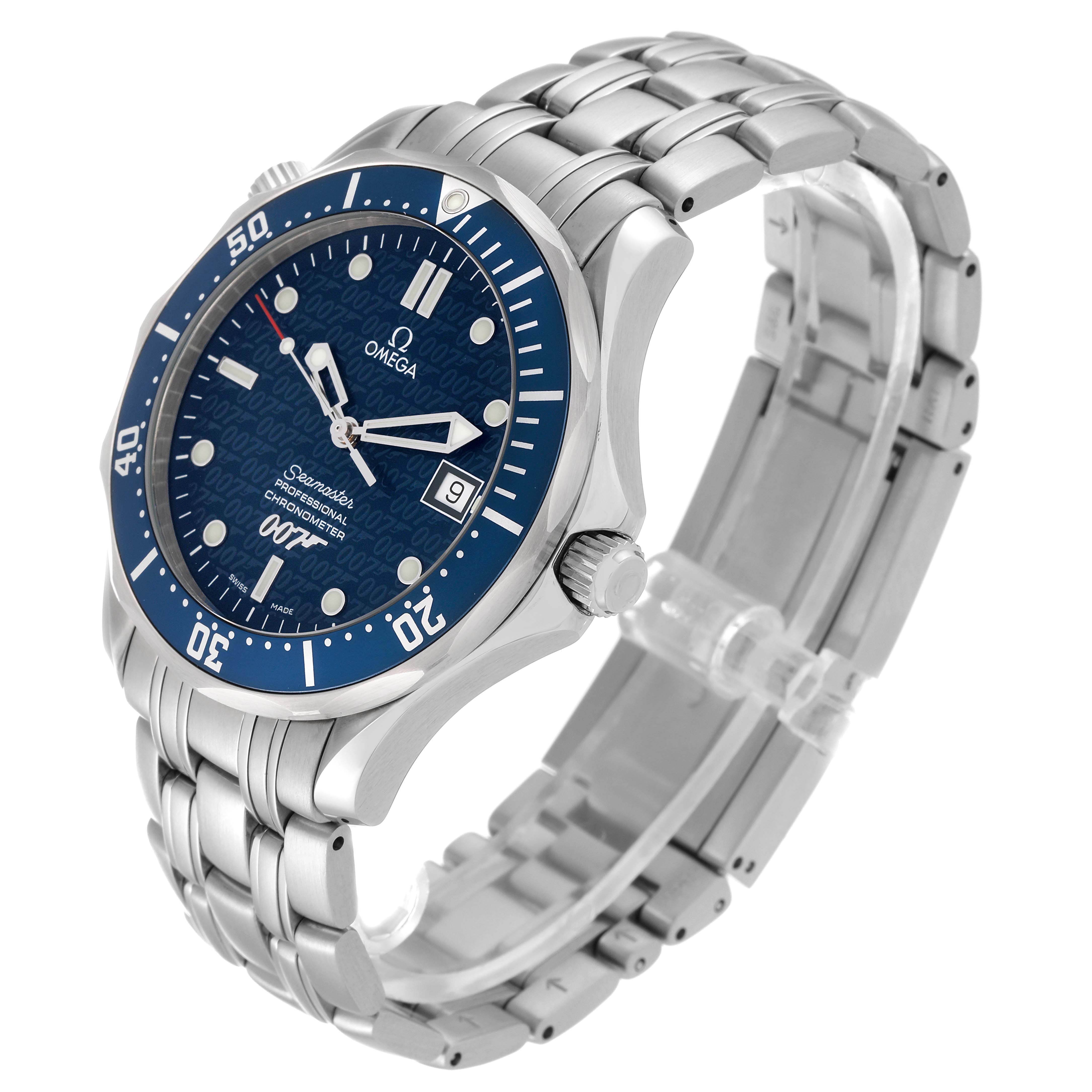 The Omega Seamaster 2537.80.00 Men's Stainless Steel Blue Dial 2537.80.00 Men's Stainless Steel Blue Dial watch is shown at a three-quarter angle, highlighting its blue dial, bezel, and stainless steel bracelet.