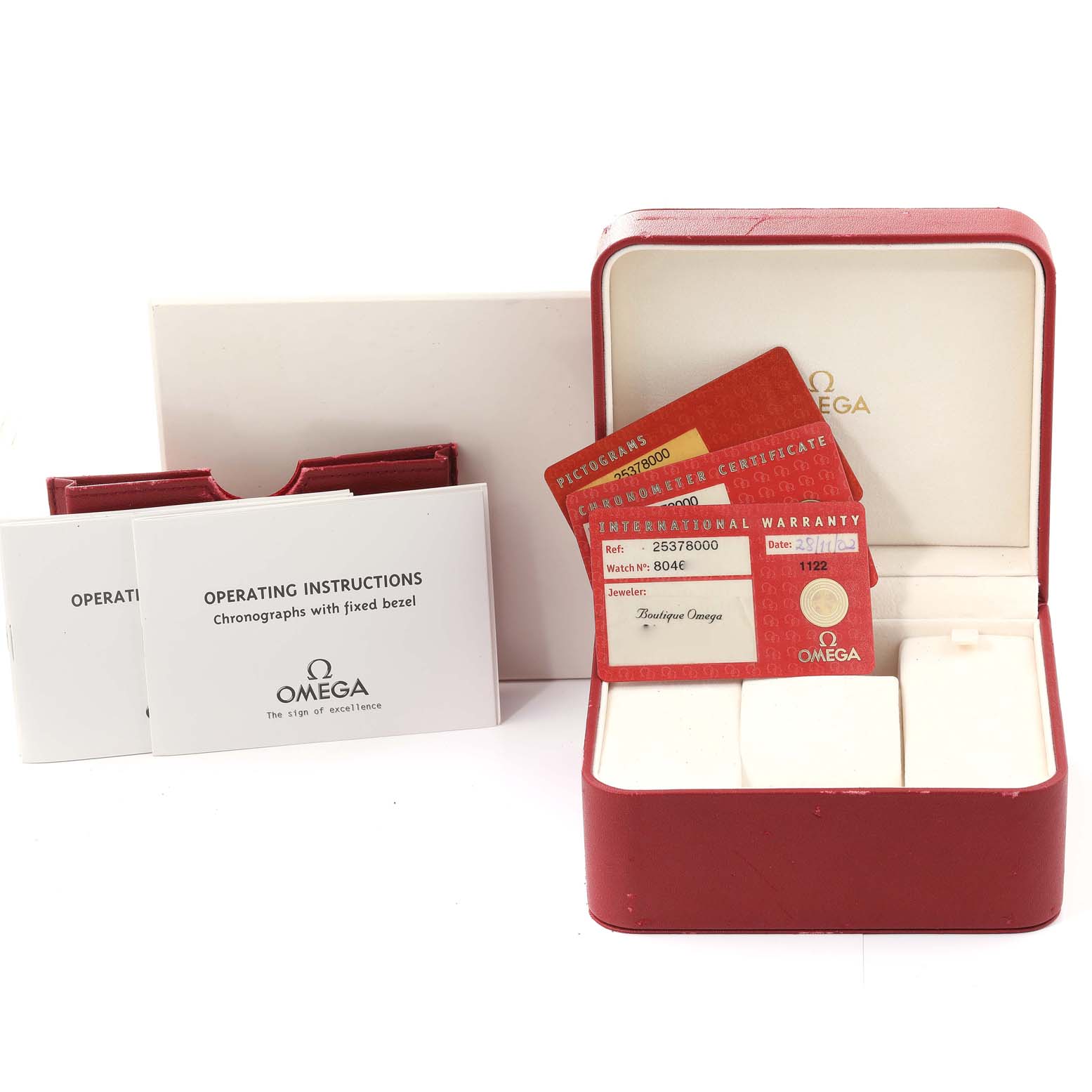 The image shows the packaging, warranty cards, and operating instructions for an Omega Seamaster 2537.80.00 Men's Stainless Steel Blue Dial 2537.80.00 Men's Stainless Steel Blue Dial watch.