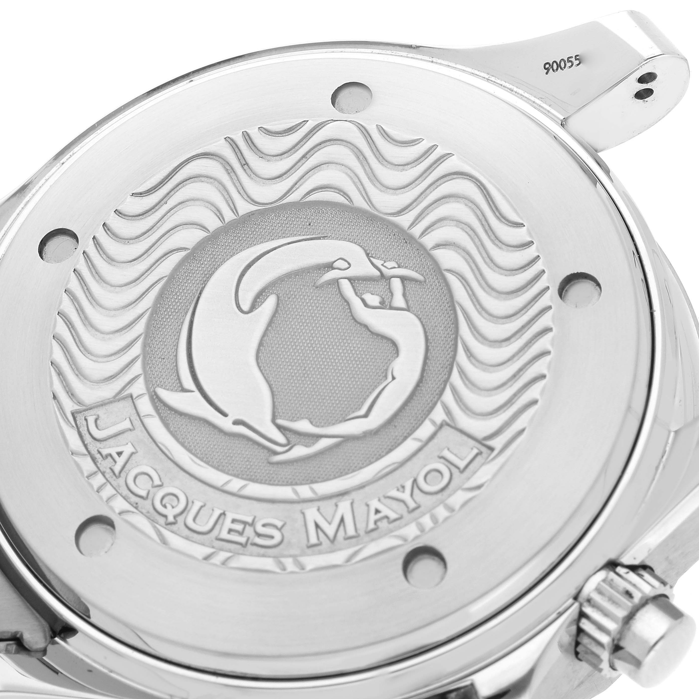 The image shows the case back of an Omega Seamaster 2595.50.00 Men's Stainless Steel Black Dial 2595.50.00 Men's Stainless Steel Black Dial watch with a Jacques Mayol engraving.