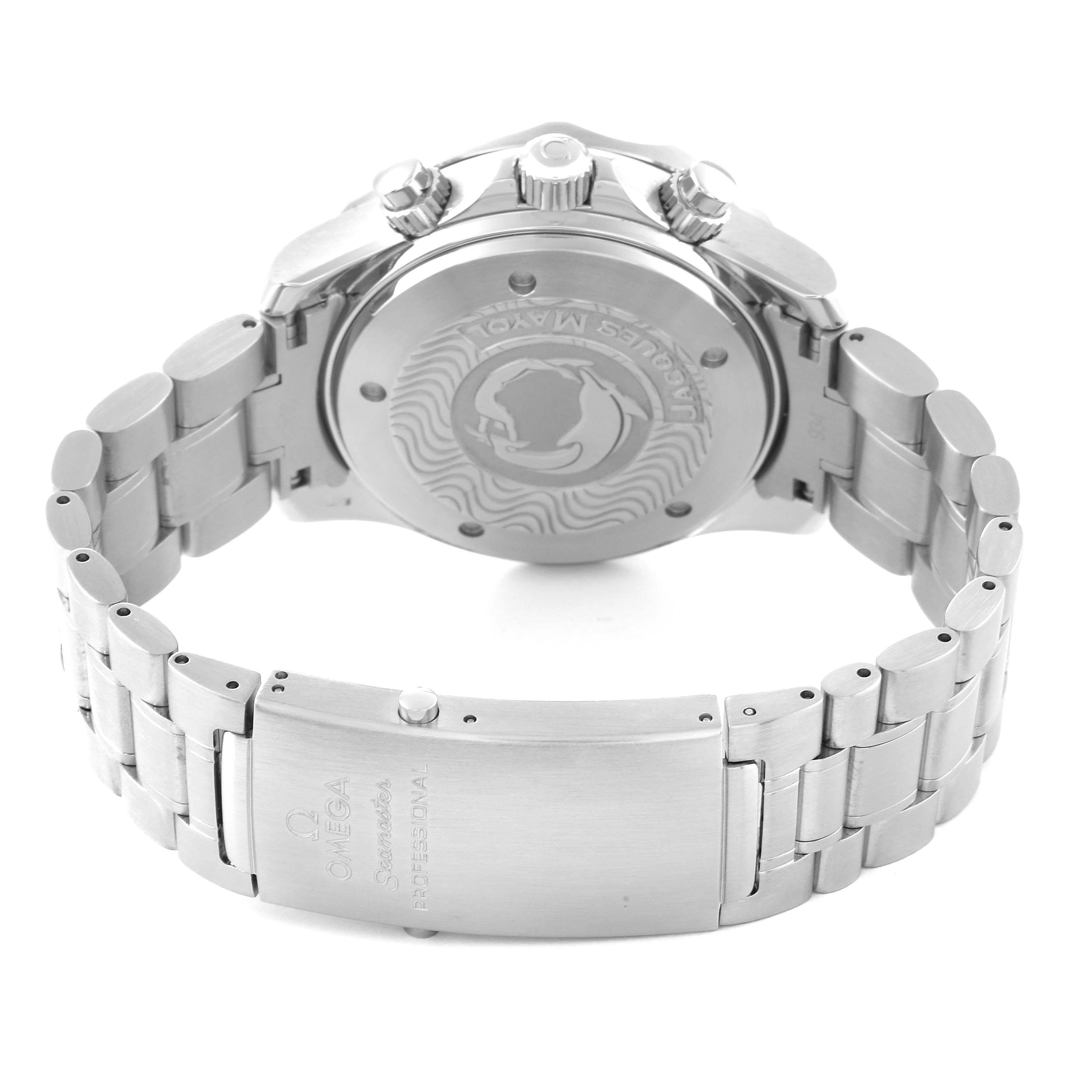 This image shows the case back, bracelet, and clasp of an Omega Seamaster 2595.50.00 Men's Stainless Steel Black Dial 2595.50.00 Men's Stainless Steel Black Dial watch from a rear angle.