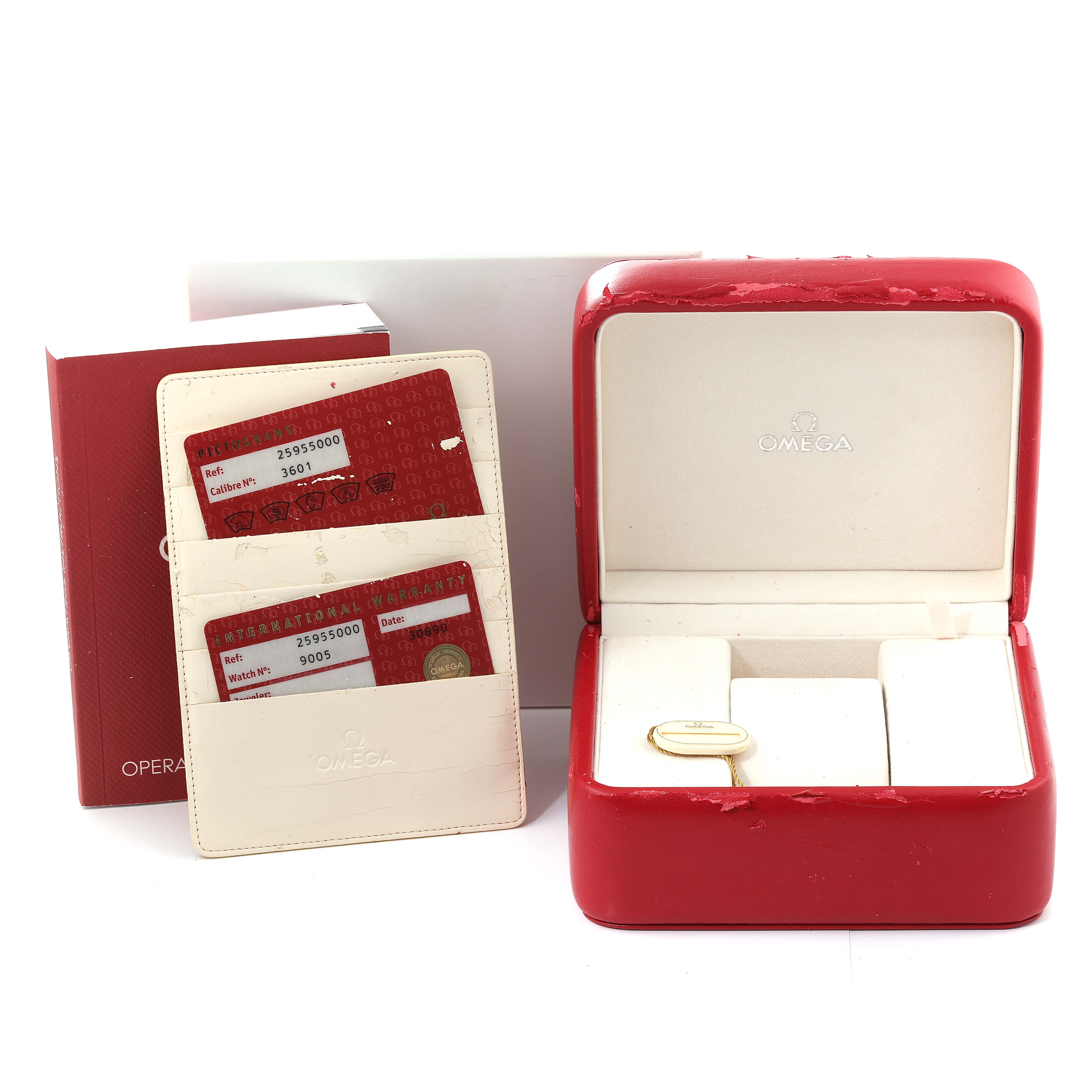 The image shows an Omega Seamaster 2595.50.00 Men's Stainless Steel Black Dial 2595.50.00 Men's Stainless Steel Black Dial watch box, warranty cards, and a manual from a front angle.