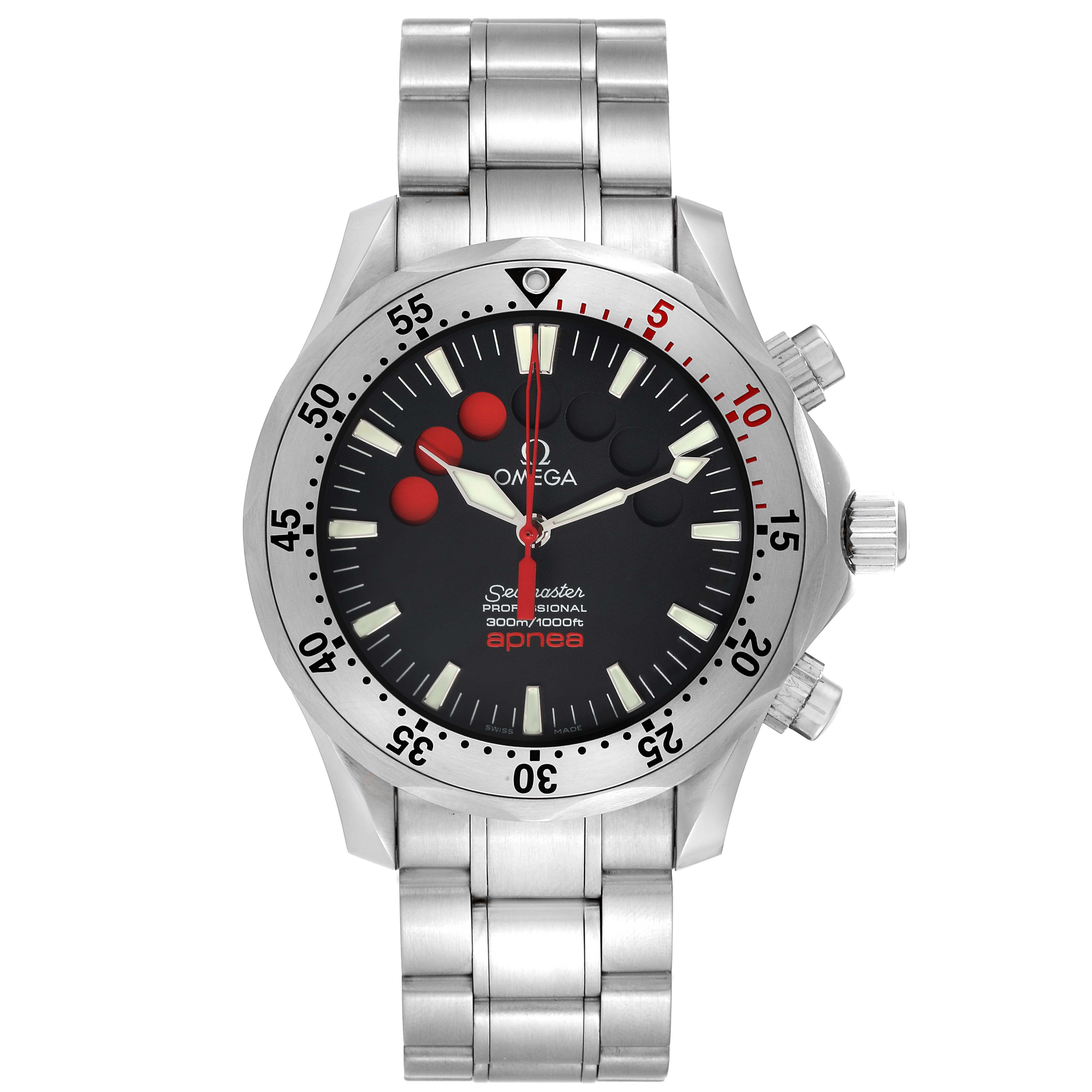 The Omega Seamaster 2595.50.00 Men's Stainless Steel Black Dial 2595.50.00 Men's Stainless Steel Black Dial watch model is shown from a front angle, displaying its bracelet, bezel, dial, and crown.