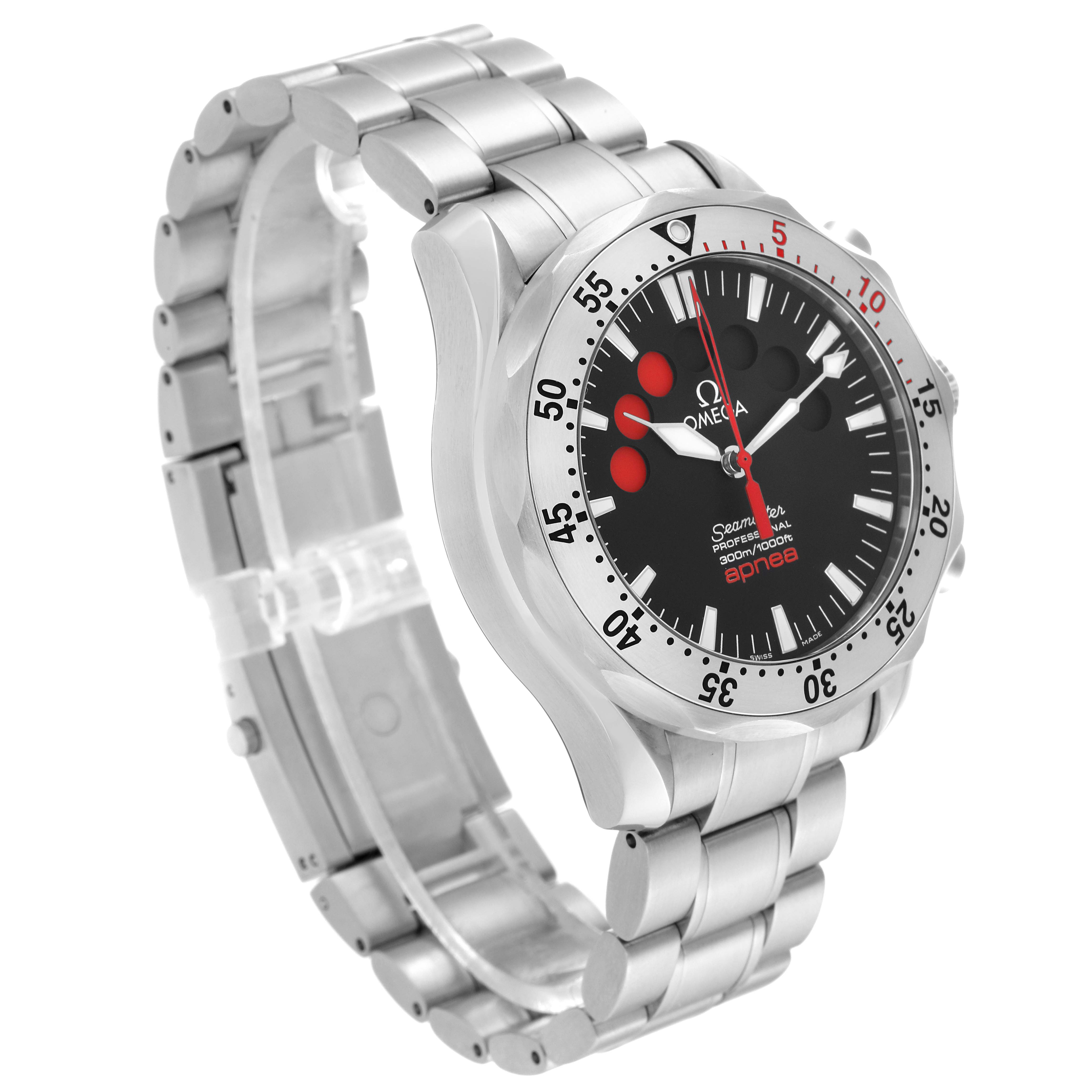 The Omega Seamaster 2595.50.00 Men's Stainless Steel Black Dial 2595.50.00 Men's Stainless Steel Black Dial watch is shown at a three-quarter angle, detailing its bezel, crown, dial, and metal bracelet.