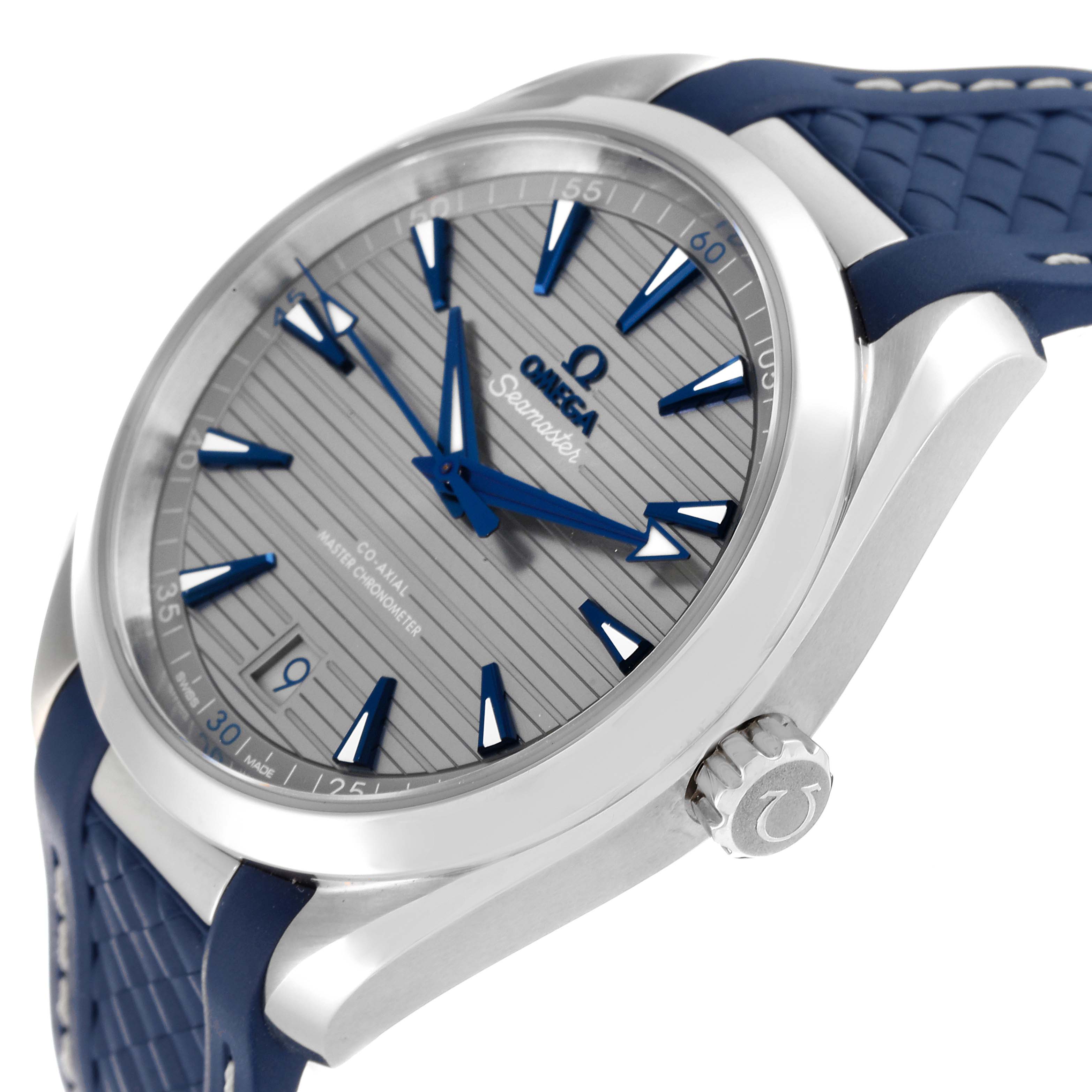 The image shows a close-up side angle of the Aqua Terra model by Omega, highlighting the dial, bezel, crown, and part of the strap.