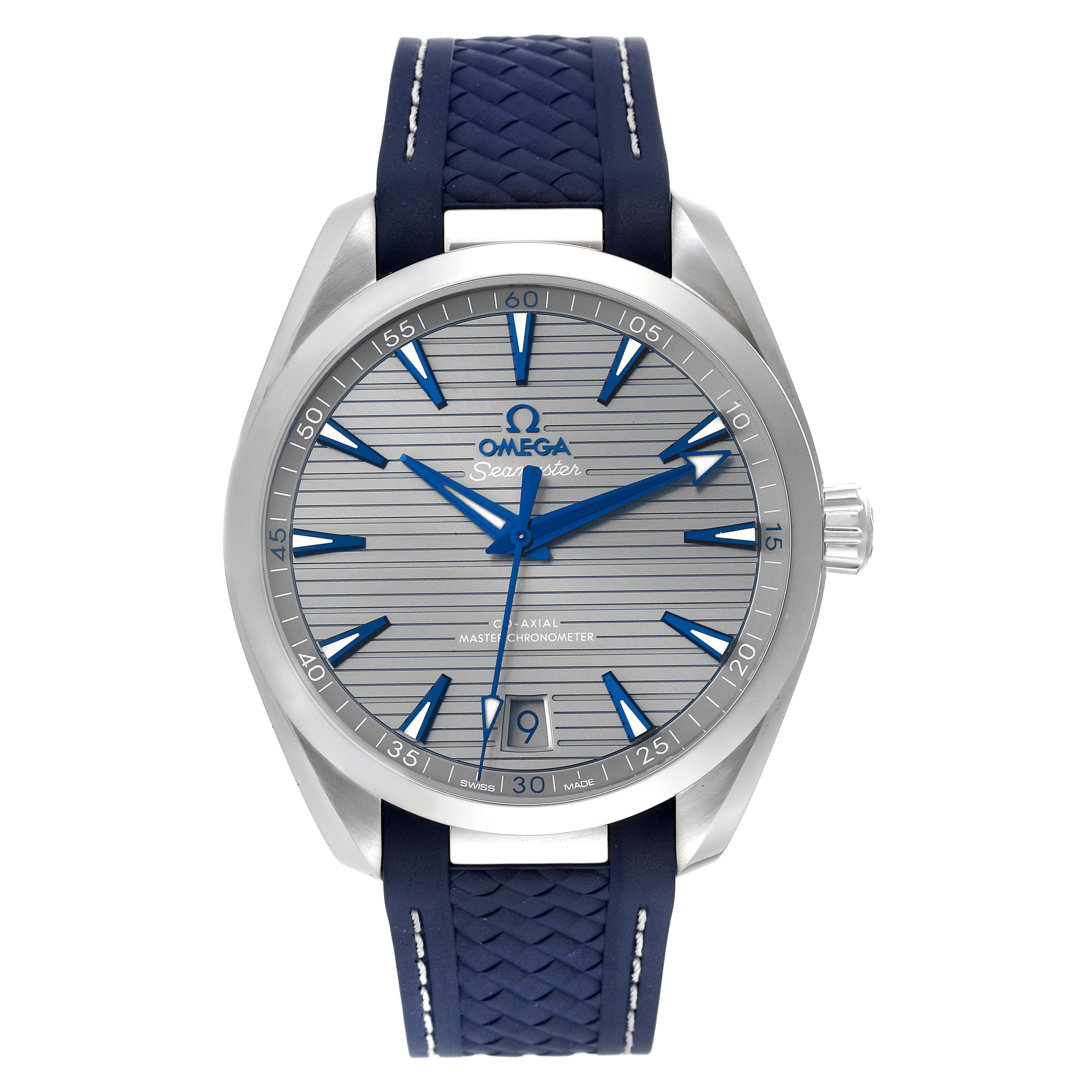 This is a front view of the Omega Aqua Terra 220.12.41.21.06.001 Men
s Stainless Steel Grey Dial 220.12.41.21.06.001 Men
s Stainless Steel Grey Dial watch, showcasing its face, bezel, hands, and strap.