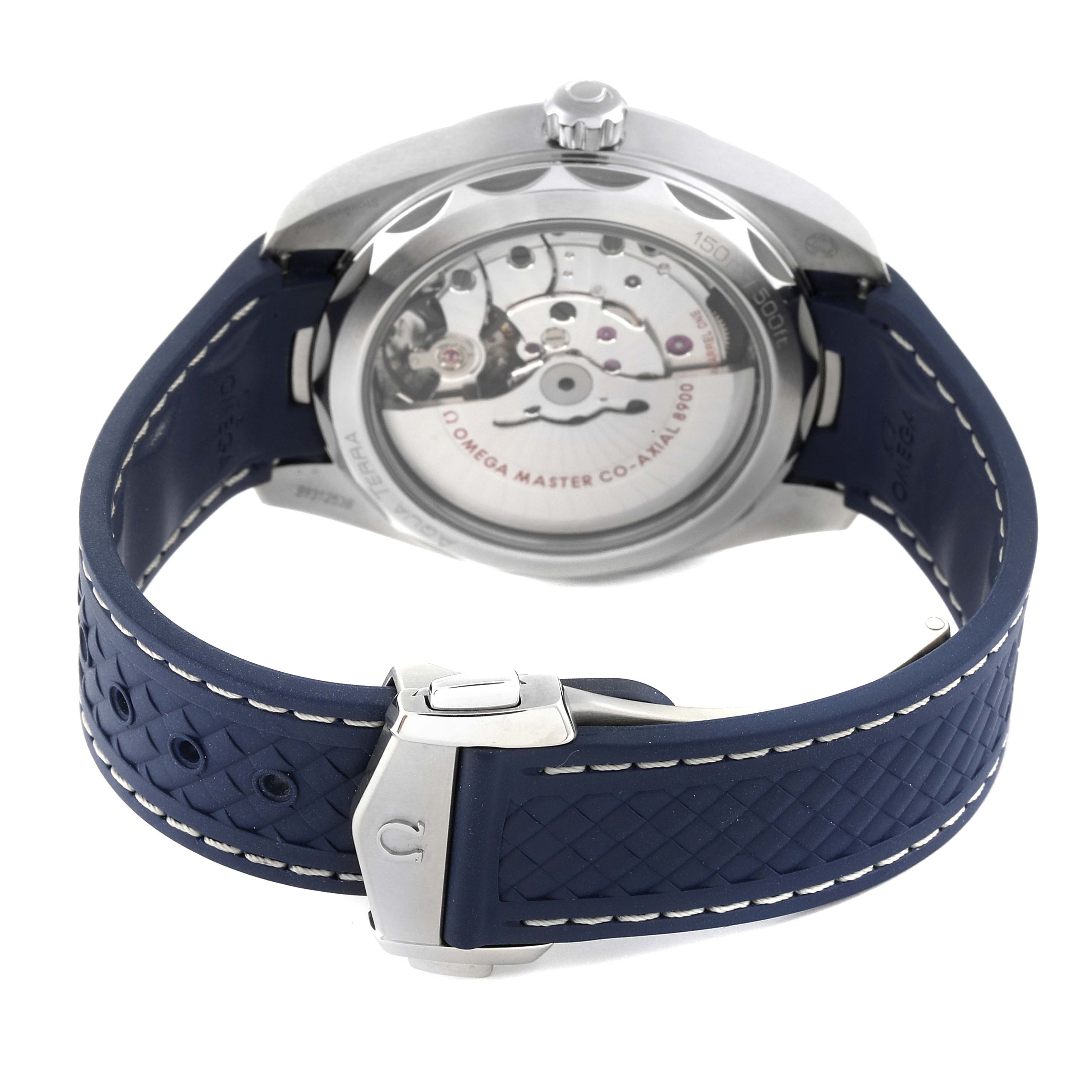 The image shows the back view of the Omega Aqua Terra 220.12.41.21.06.001 Men
s Stainless Steel Grey Dial 220.12.41.21.06.001 Men
s Stainless Steel Grey Dial watch, highlighting its movement through the transparent case back and blue strap.