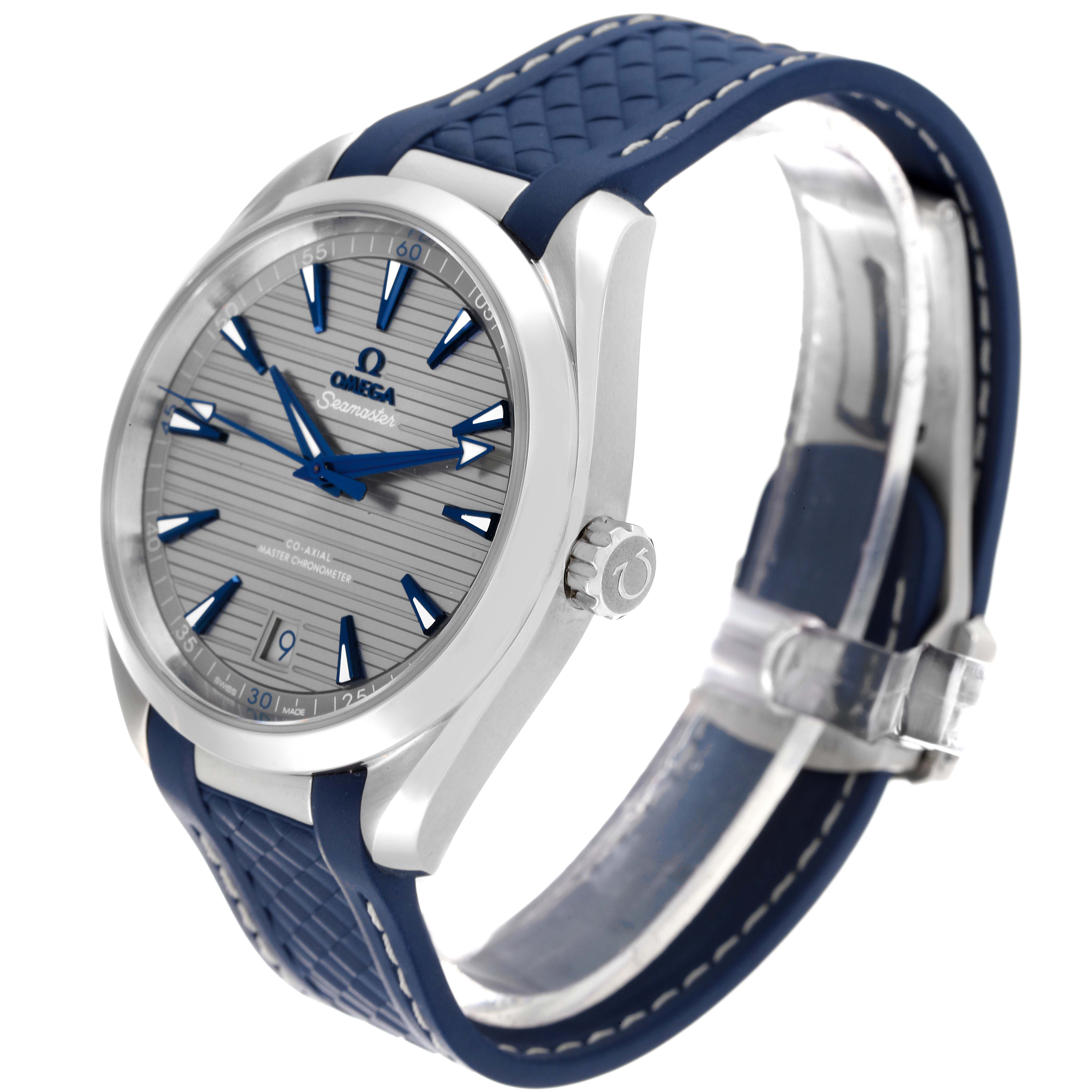 The image shows a side angle of the Omega Aqua Terra 220.12.41.21.06.001 Men
s Stainless Steel Grey Dial 220.12.41.21.06.001 Men
s Stainless Steel Grey Dial watch, highlighting the face, crown, and blue strap.