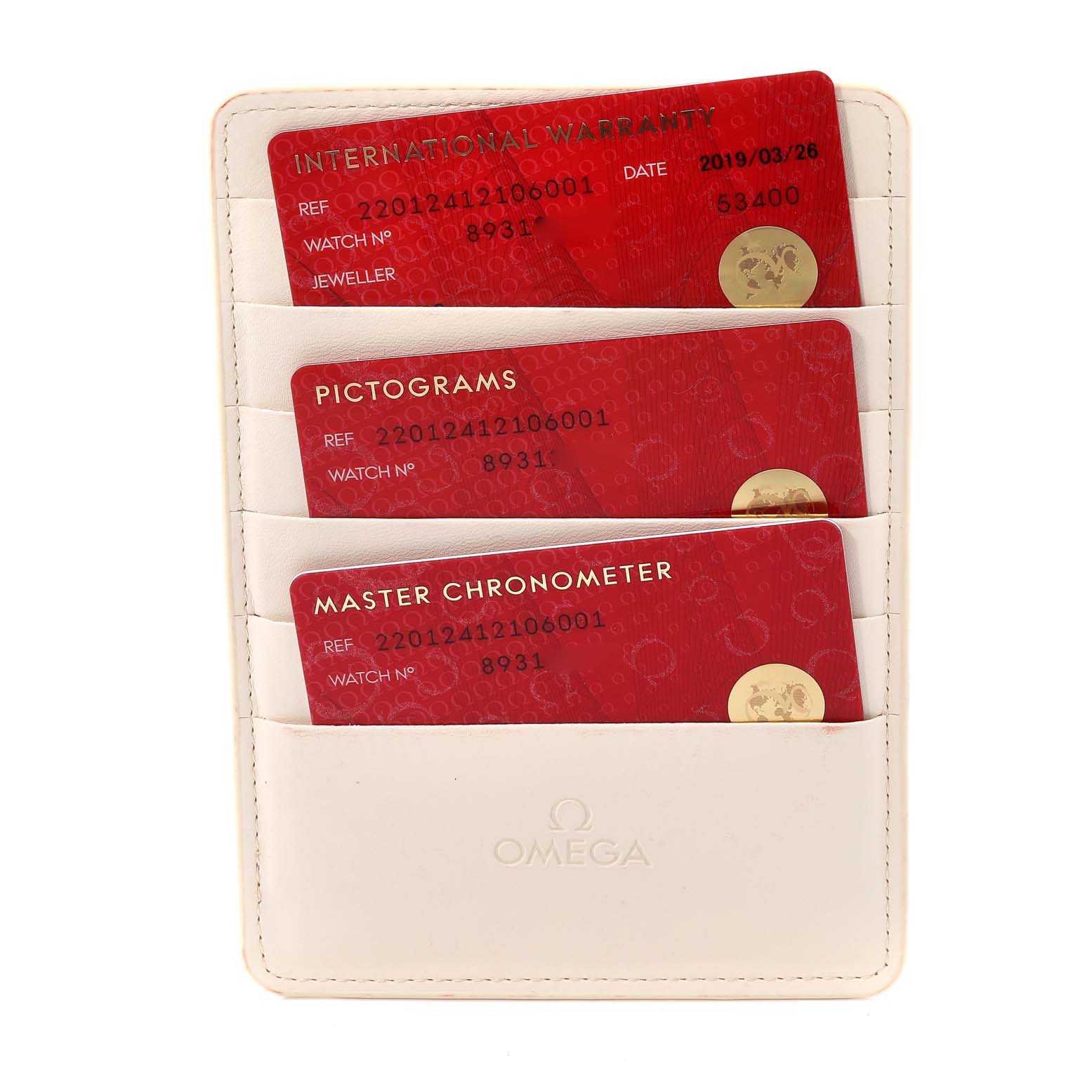 This image shows the warranty cards and documentation for the Omega Aqua Terra 220.12.41.21.06.001 Men
s Stainless Steel Grey Dial 220.12.41.21.06.001 Men
s Stainless Steel Grey Dial model in a leather card holder.