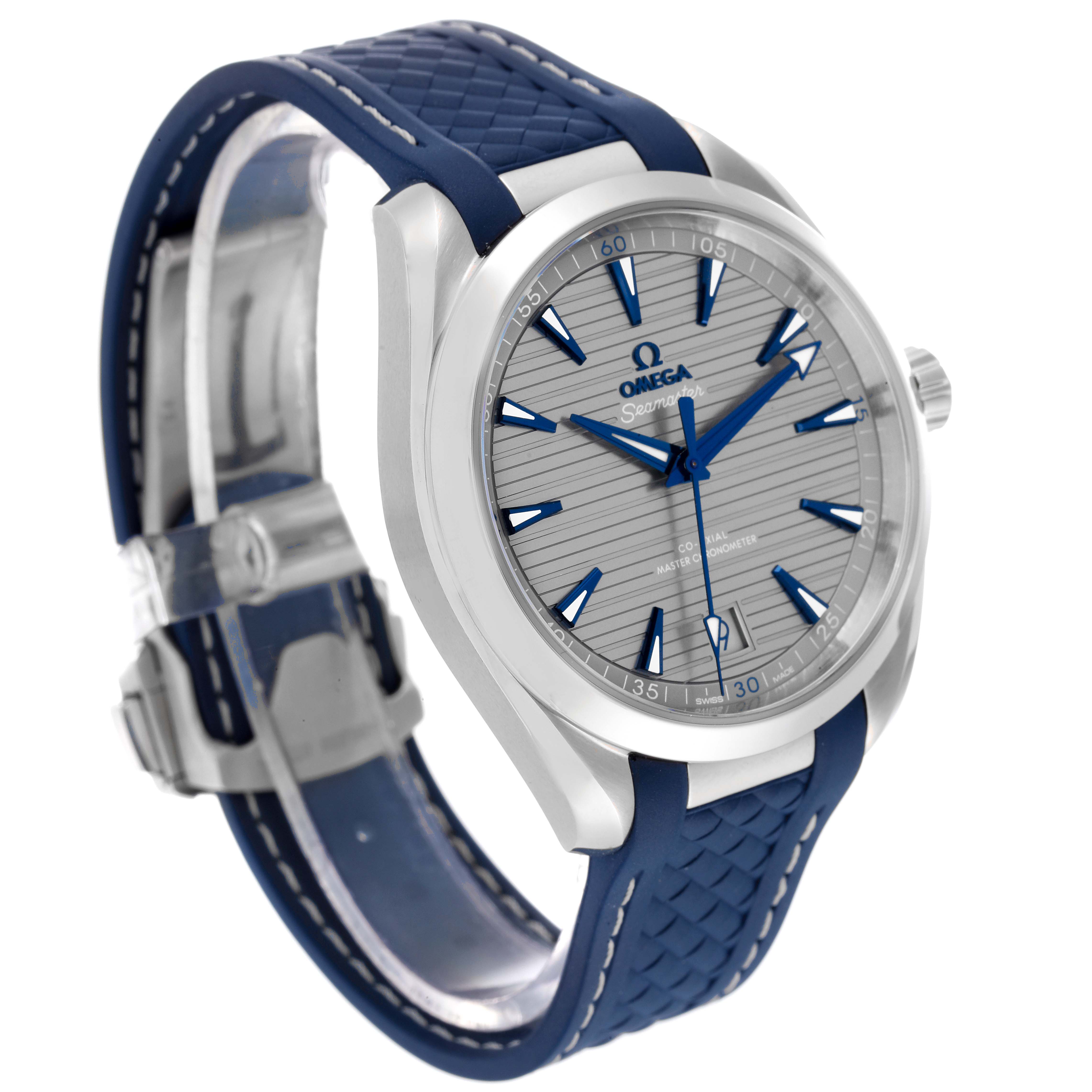 This Omega Aqua Terra 220.12.41.21.06.001 Men
s Stainless Steel Grey Dial 220.12.41.21.06.001 Men
s Stainless Steel Grey Dial watch is shown at an angled side view, displaying its face, bezel, crown, and blue strap.