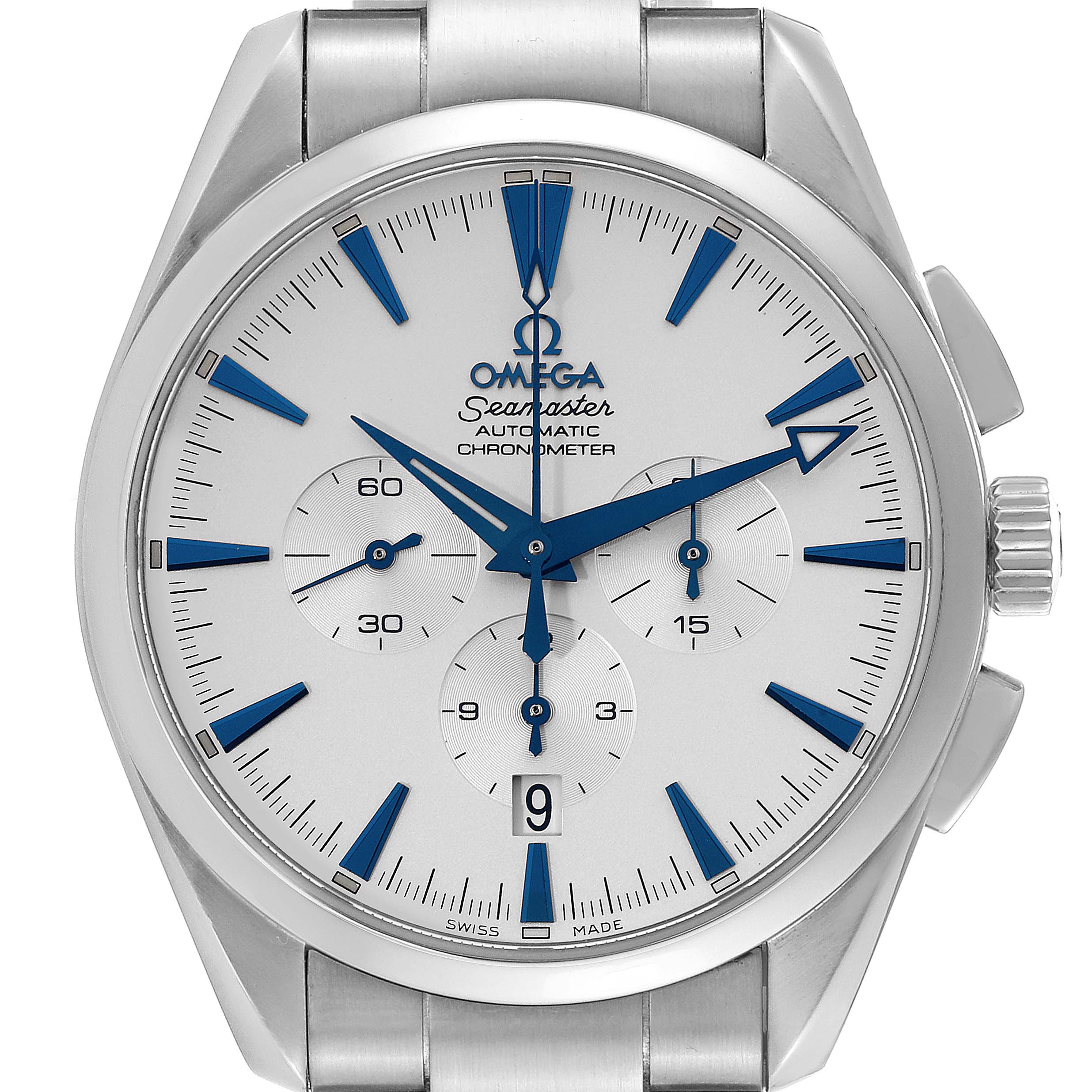 The image shows a front view of the Omega Aqua Terra 2512.30.00 Men
s Stainless Steel Silver Dial 2512.30.00 Men
s Stainless Steel Silver Dial, displaying its dial, hands, subdials, date window, and part of the stainless steel bracelet.