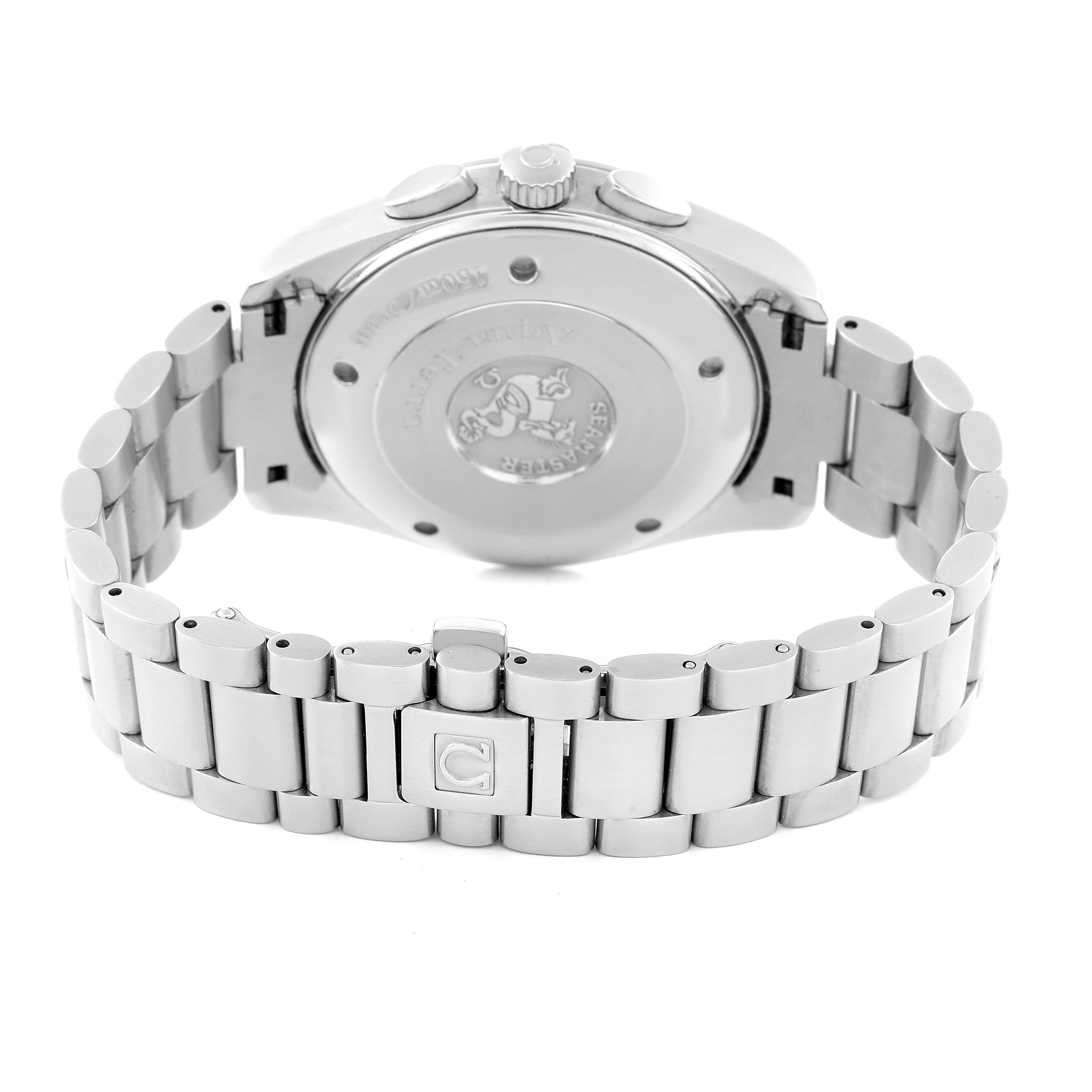 The image shows the back case and stainless steel bracelet of an Omega Aqua Terra 2512.30.00 Men
s Stainless Steel Silver Dial 2512.30.00 Men
s Stainless Steel Silver Dial model watch from a rear angle.