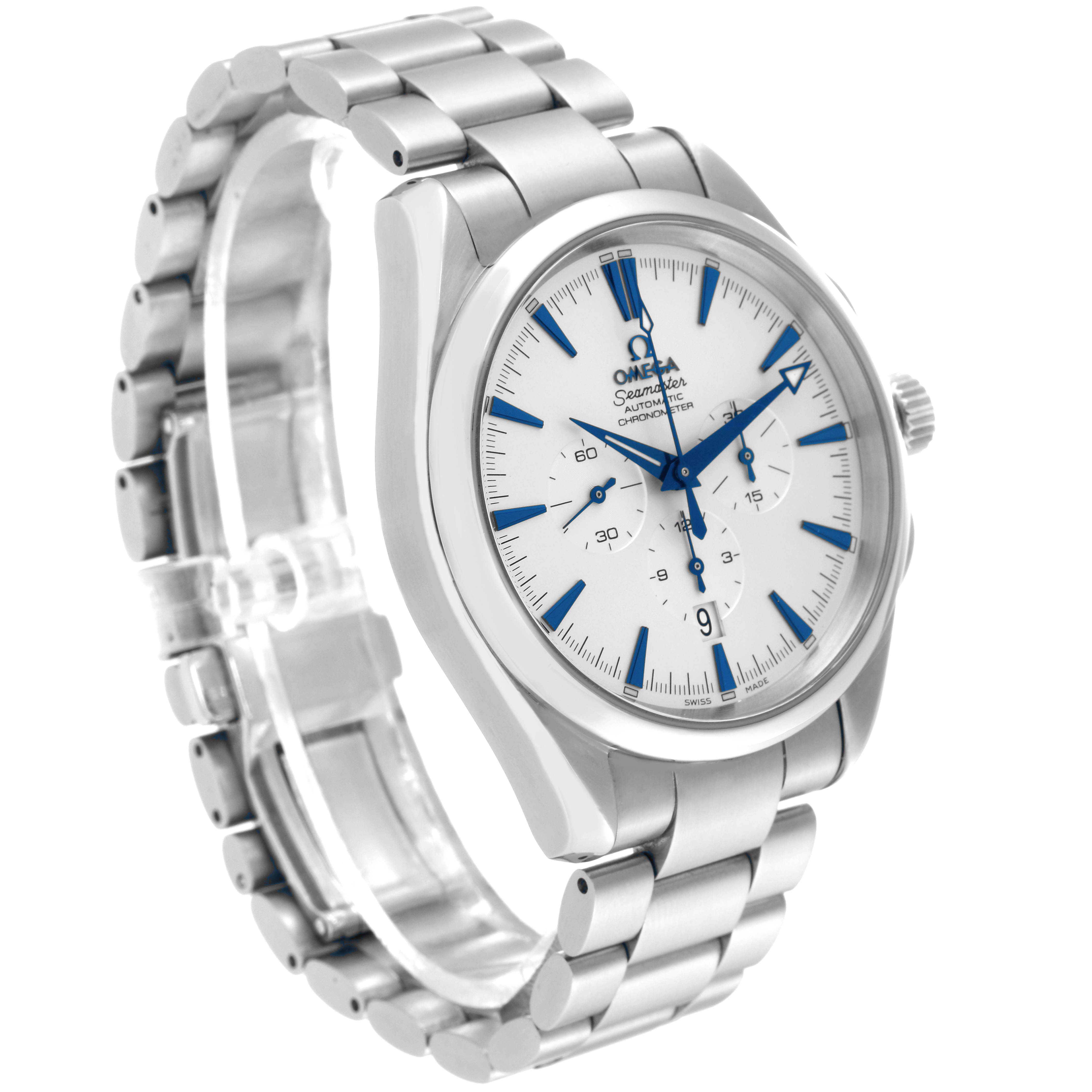 The Omega Aqua Terra 2512.30.00 Men
s Stainless Steel Silver Dial 2512.30.00 Men
s Stainless Steel Silver Dial watch is shown at a 3/4 angle highlighting its face, bezel, and stainless steel bracelet.