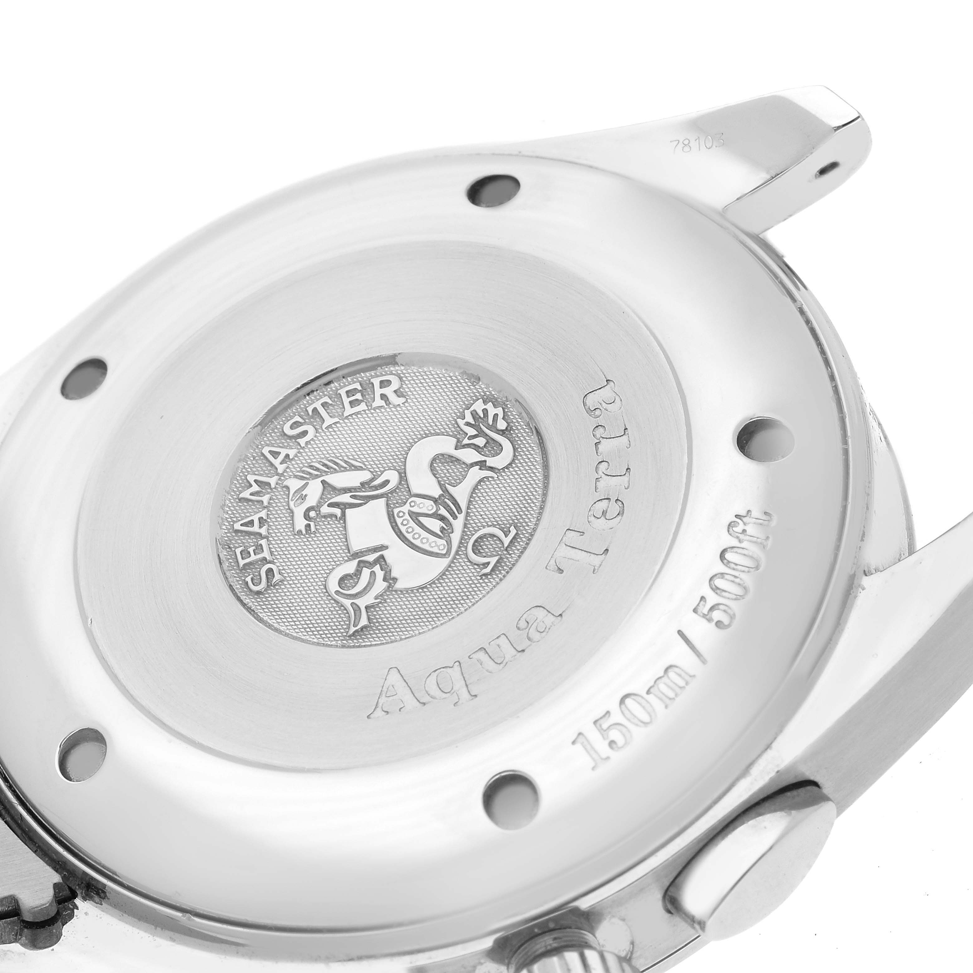This image shows the case back of the Omega Seamaster Aqua Terra watch, highlighting its engraved details and water resistance rating.