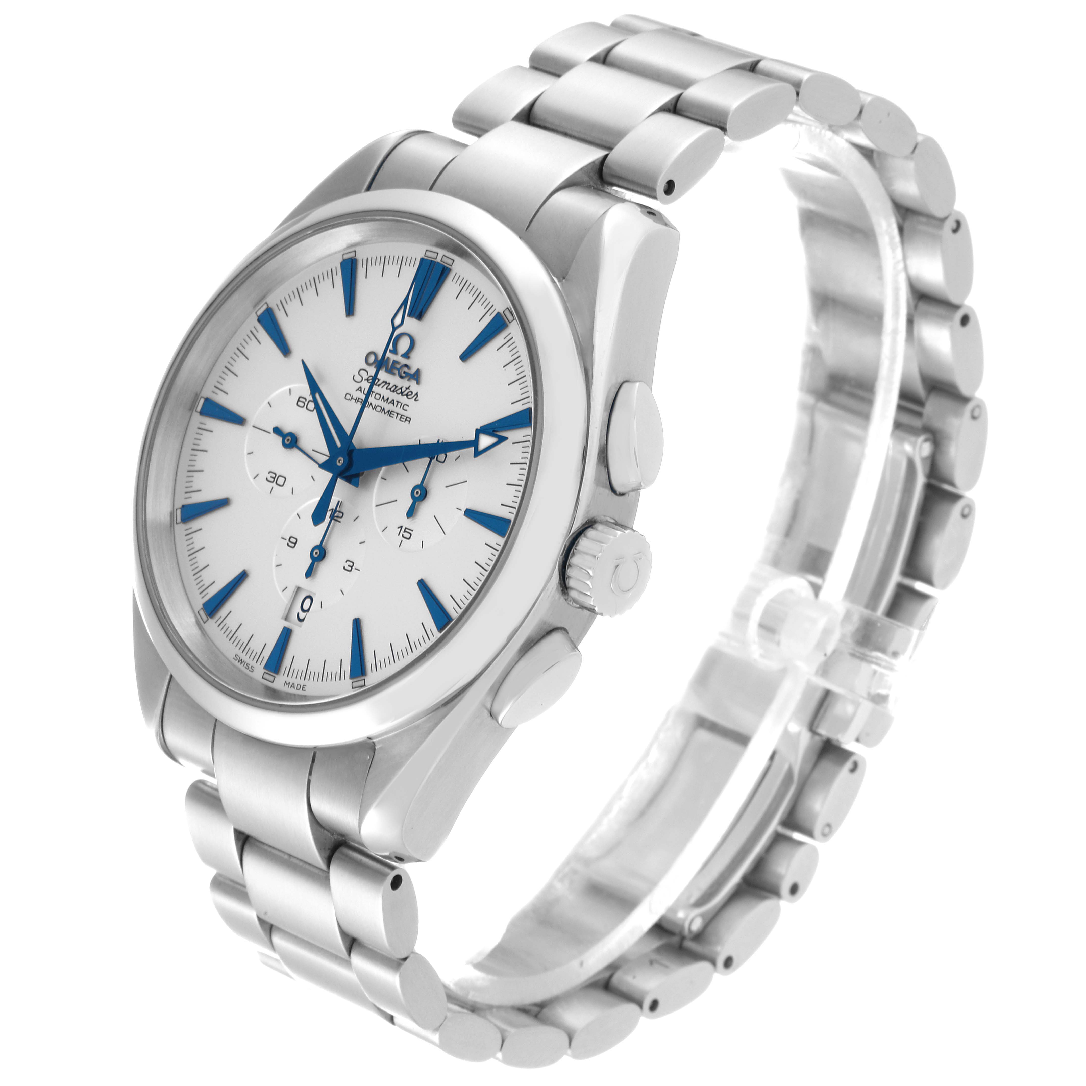 The Omega Aqua Terra 2512.30.00 Men
s Stainless Steel Silver Dial 2512.30.00 Men
s Stainless Steel Silver Dial watch is shown at a slight angle, revealing the face, crown, and stainless steel bracelet.