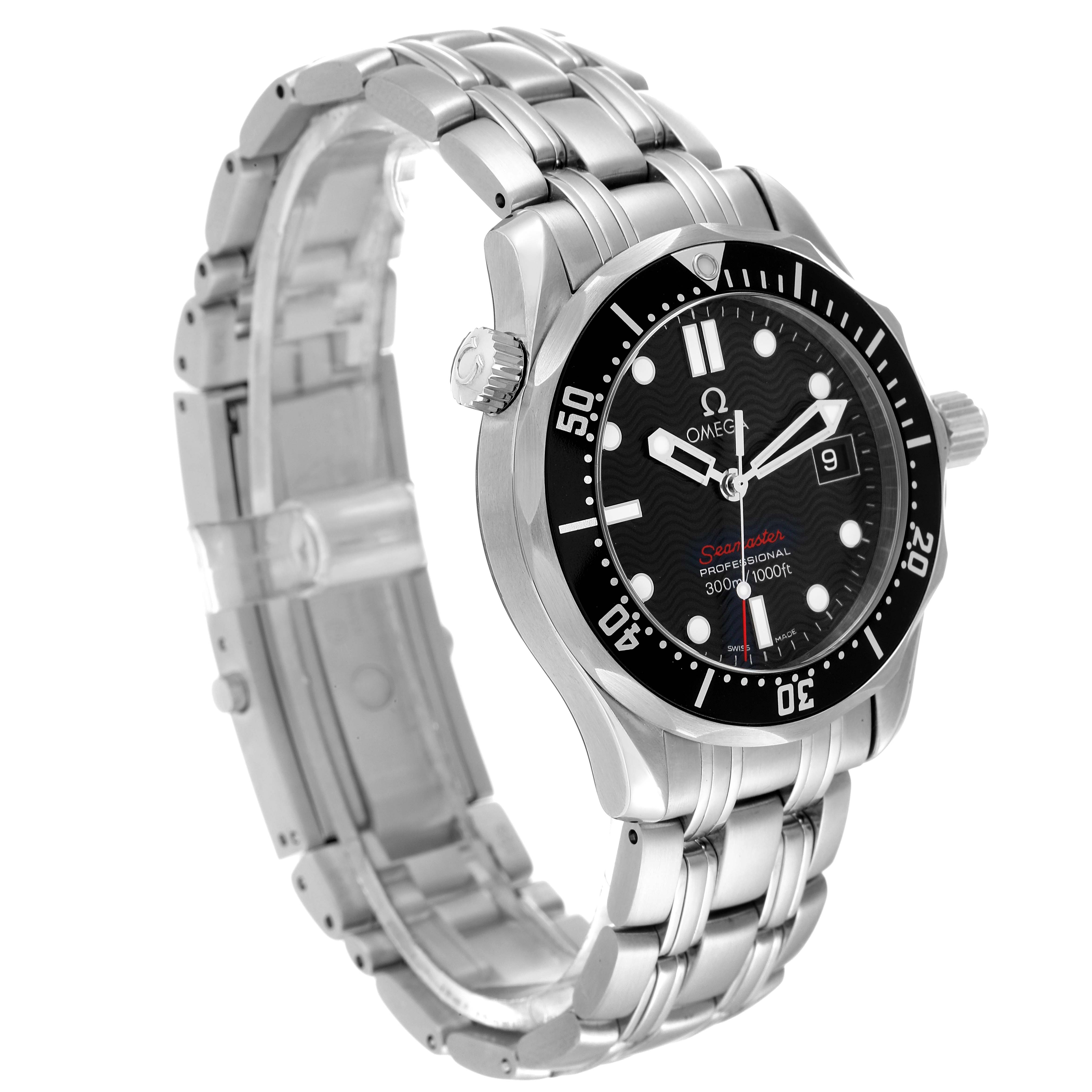 This image shows an Omega Seamaster 212.30.36.61.01.001 Men's Stainless Steel Black Dial 212.30.36.61.01.001 Men's Stainless Steel Black Dial watch from a side angle, highlighting the bracelet, bezel, and dial.