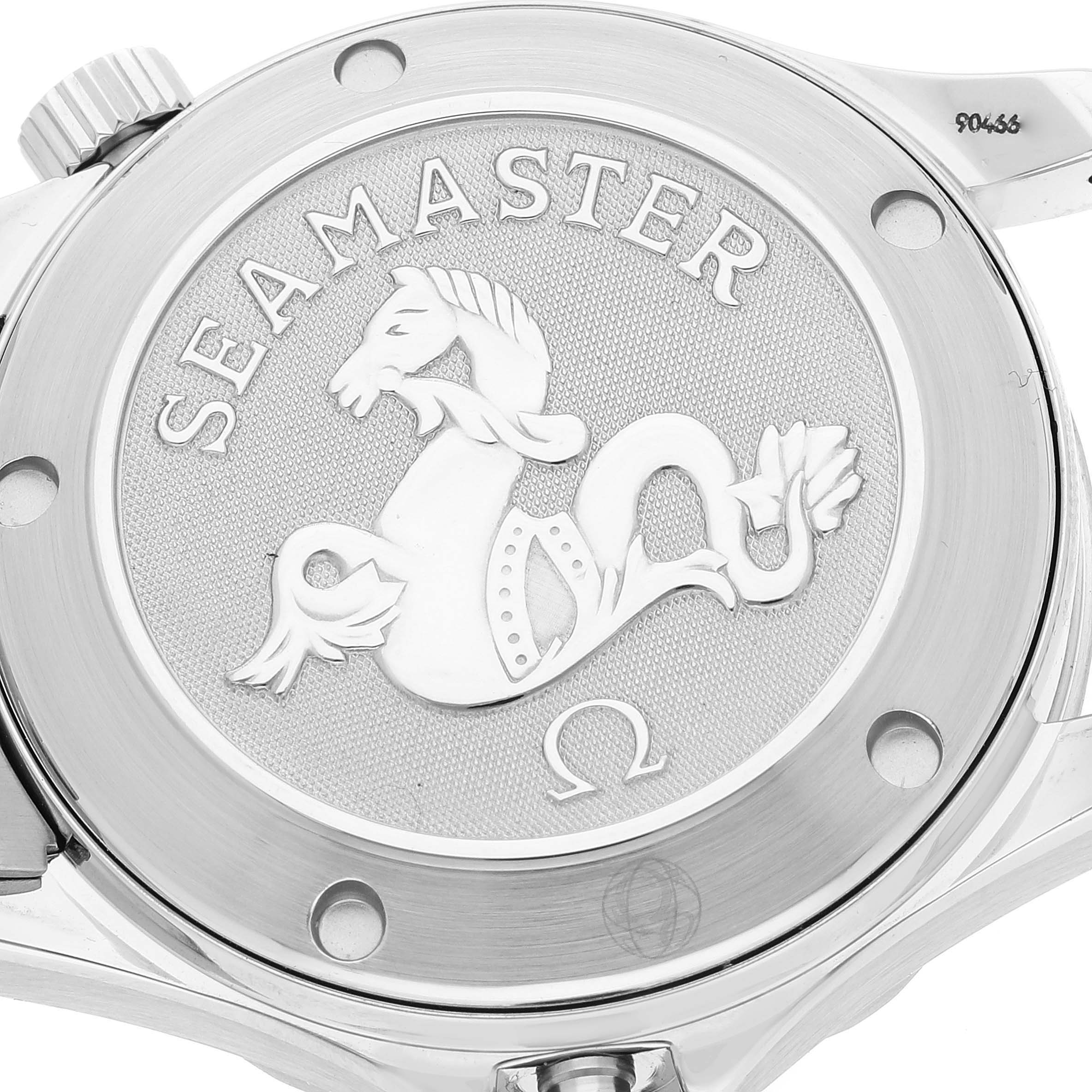 This image shows the engraved case back of the Omega Seamaster 212.30.36.61.01.001 Men's Stainless Steel Black Dial 212.30.36.61.01.001 Men's Stainless Steel Black Dial watch, featuring the Seamaster logo.