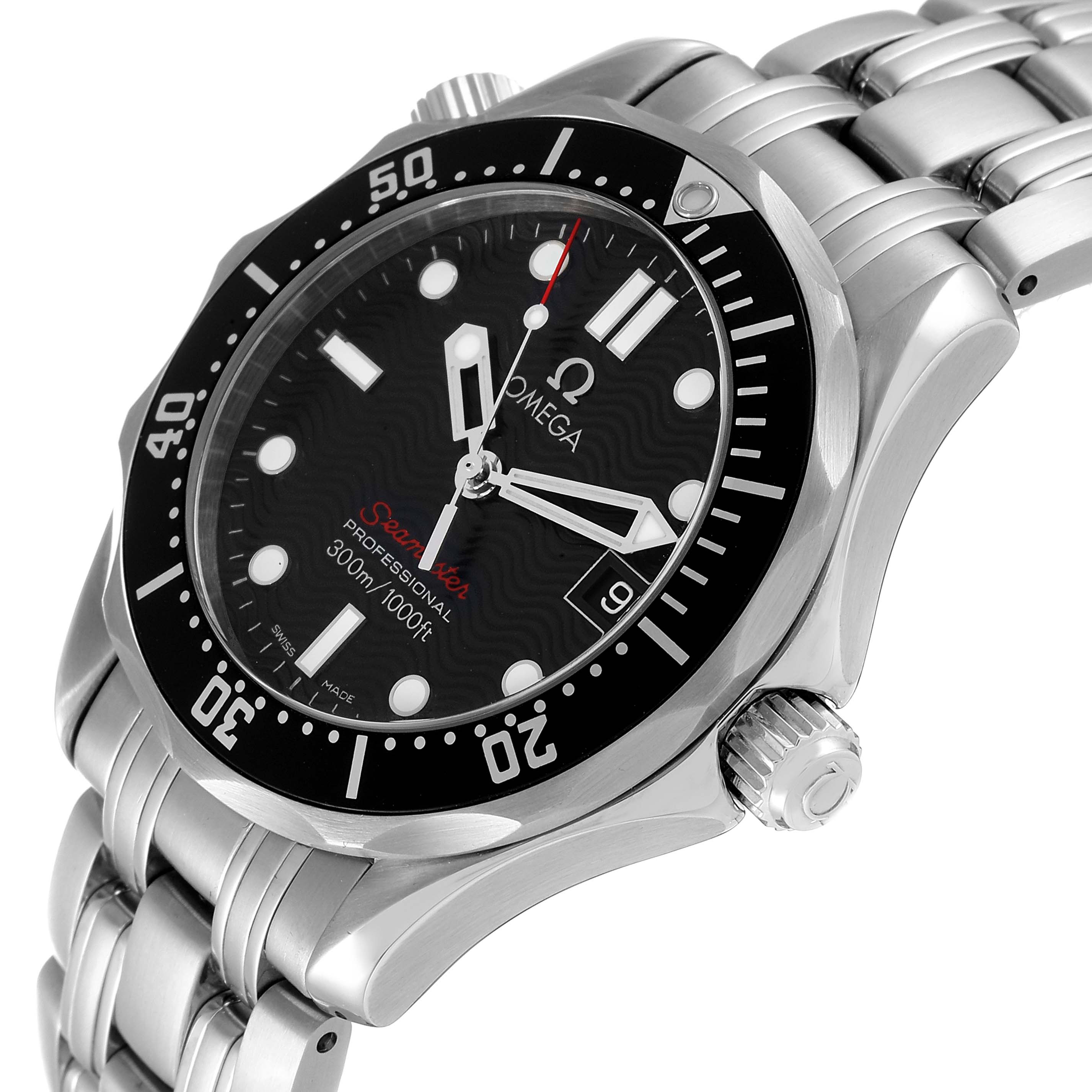 The image shows an angled view of an Omega Seamaster 212.30.36.61.01.001 Men's Stainless Steel Black Dial 212.30.36.61.01.001 Men's Stainless Steel Black Dial watch, highlighting its dial, bezel, crown, and metal bracelet.