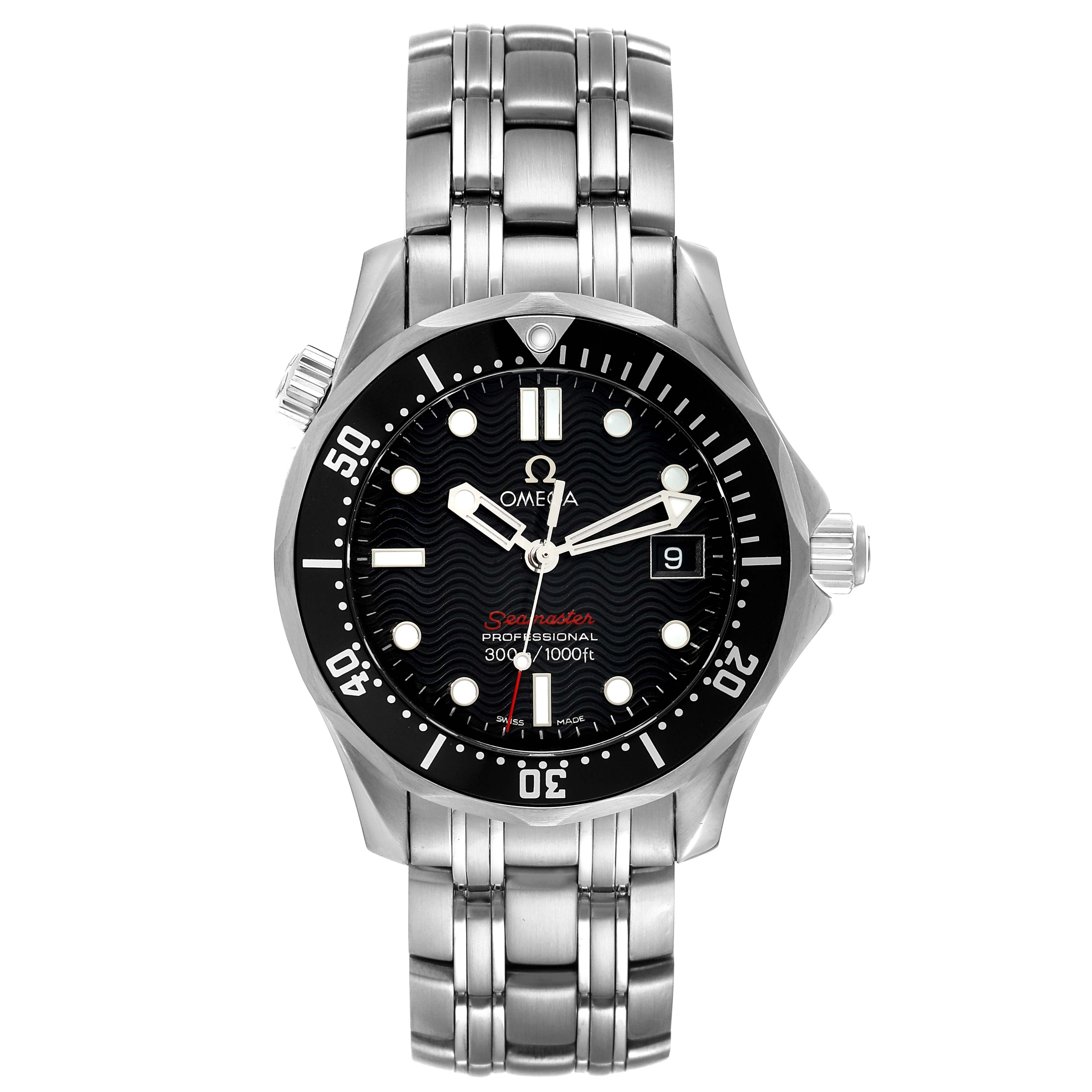 This image shows a front view of an Omega Seamaster 212.30.36.61.01.001 Men's Stainless Steel Black Dial 212.30.36.61.01.001 Men's Stainless Steel Black Dial watch, displaying the dial, bezel, crown, and stainless steel bracelet.