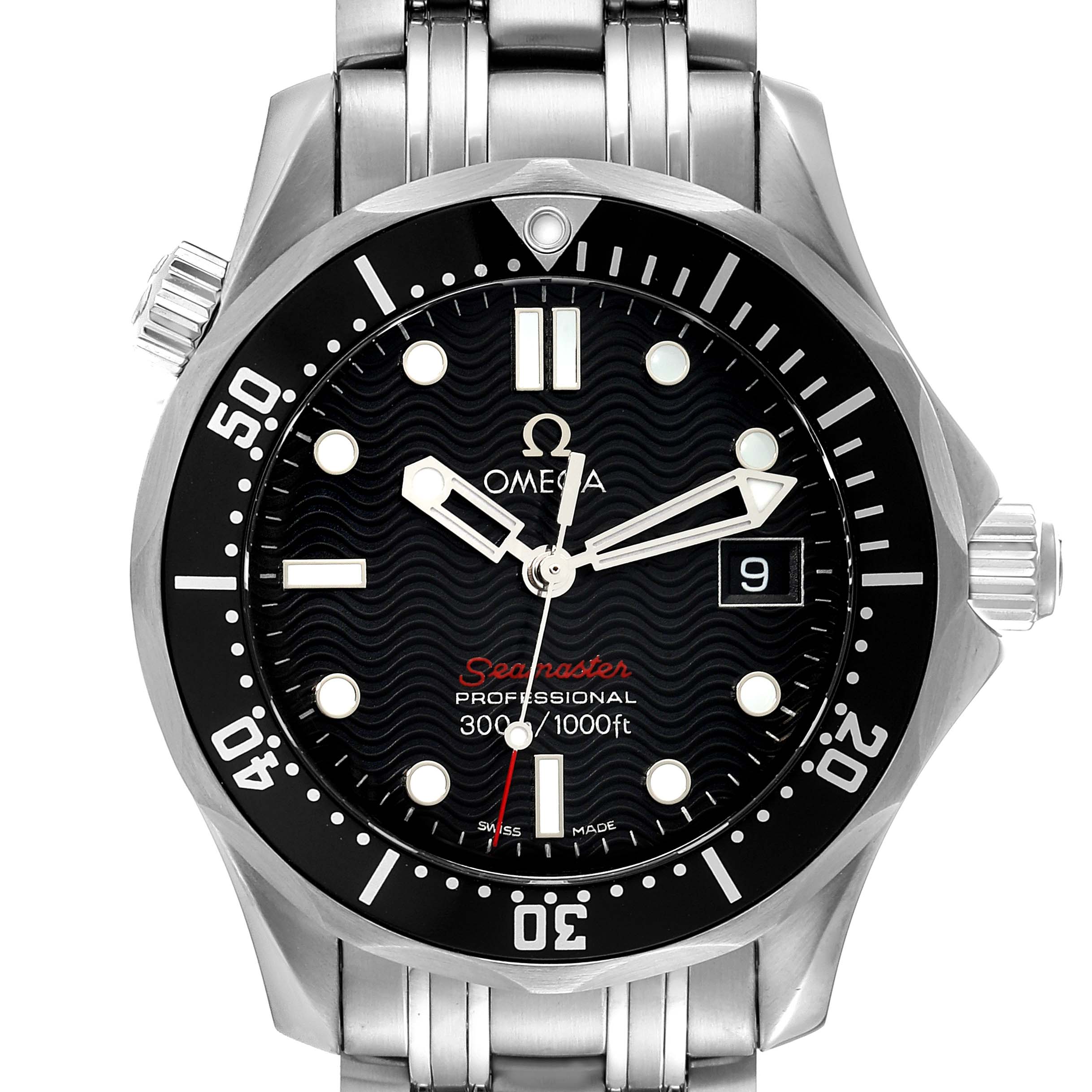 The Omega Seamaster 212.30.36.61.01.001 Men's Stainless Steel Black Dial 212.30.36.61.01.001 Men's Stainless Steel Black Dial watch is shown from a front angle, highlighting its dial, bezel, bracelet, and crown.