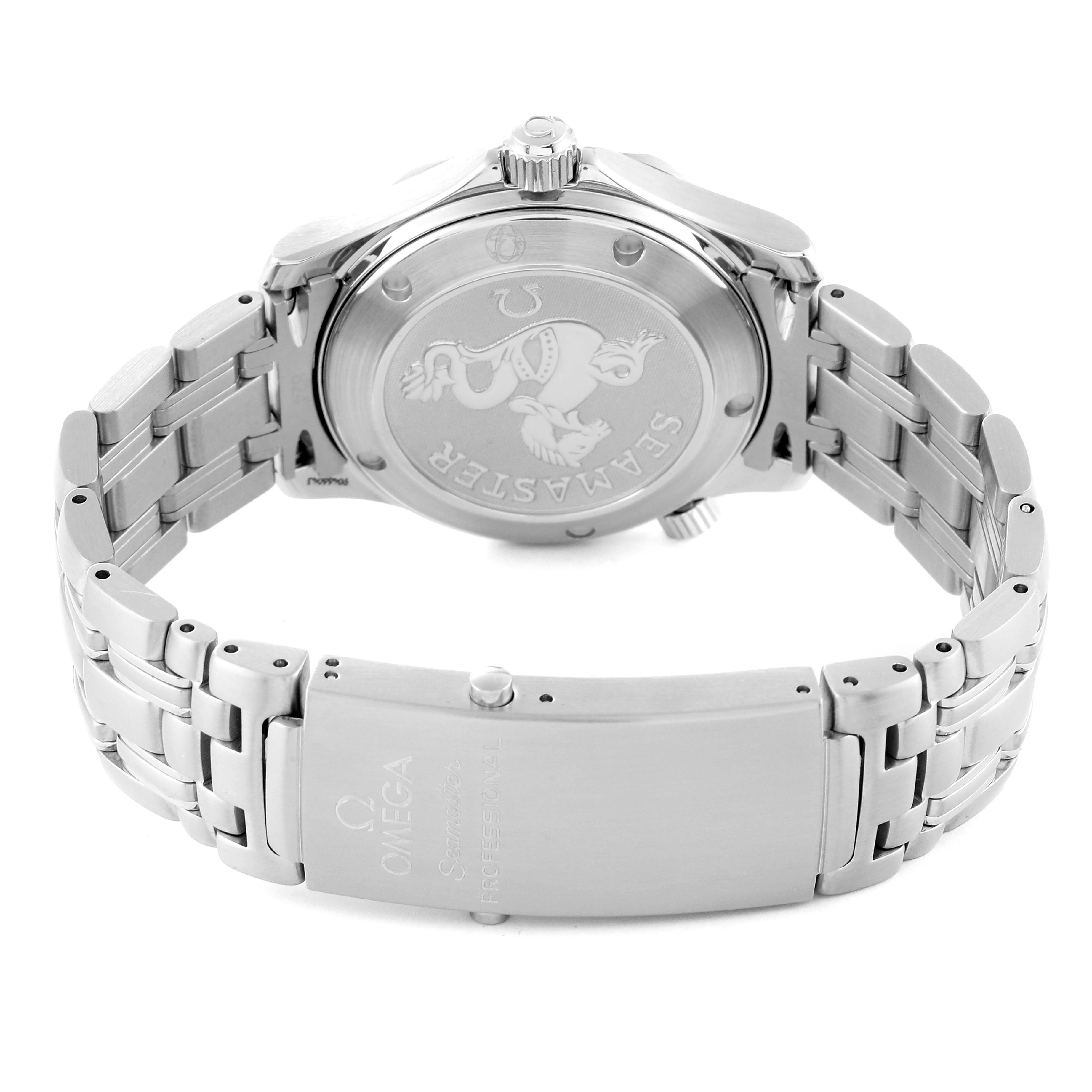 The image shows the backside and clasp of an Omega Seamaster 212.30.36.61.01.001 Men's Stainless Steel Black Dial 212.30.36.61.01.001 Men's Stainless Steel Black Dial watch, highlighting the case back and bracelet.