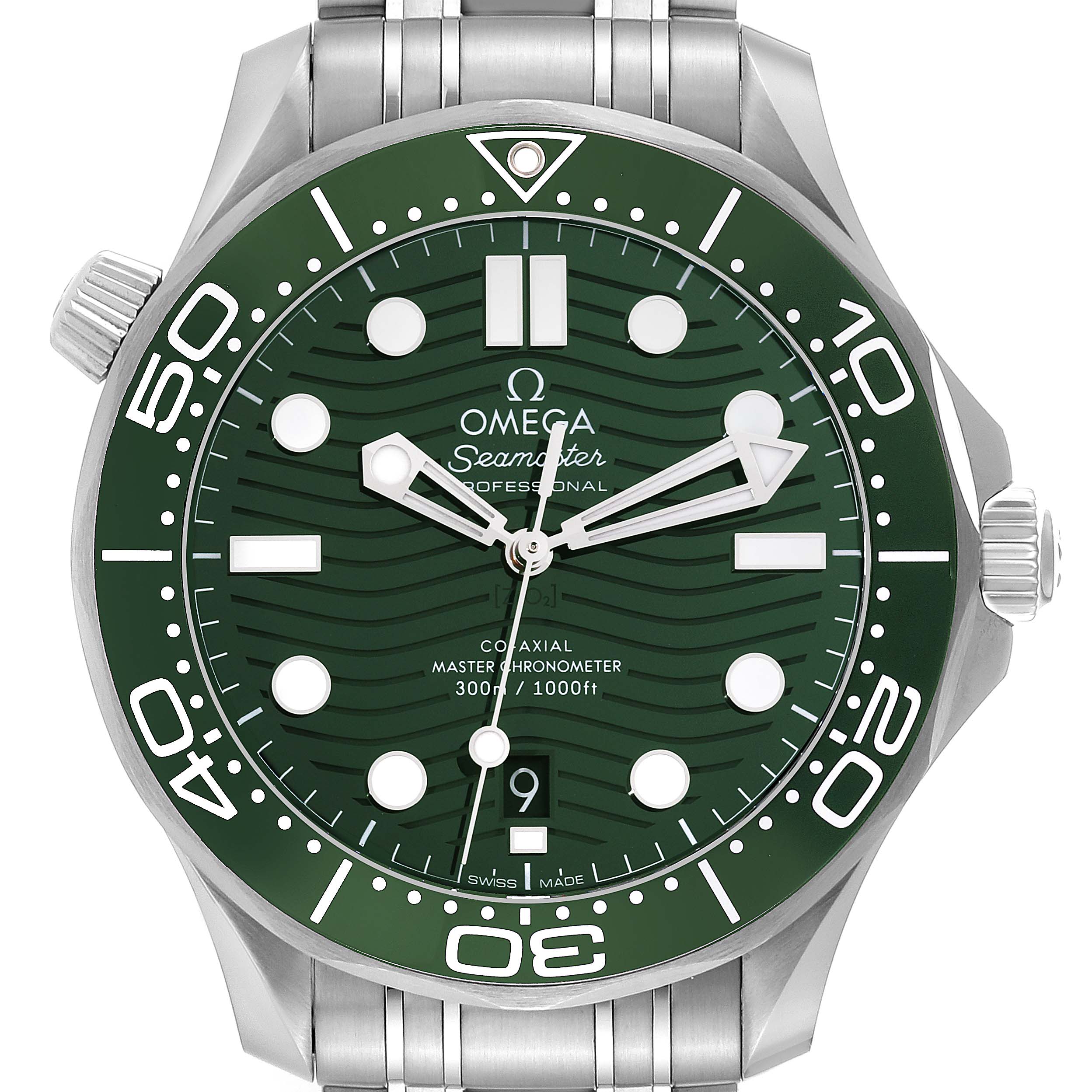 The image shows a front view of the Omega Seamaster 210.30.42.20.10.001 Men's Stainless Steel Green Dial 210.30.42.20.10.001 Men's Stainless Steel Green Dial watch with a green dial and stainless steel bracelet.