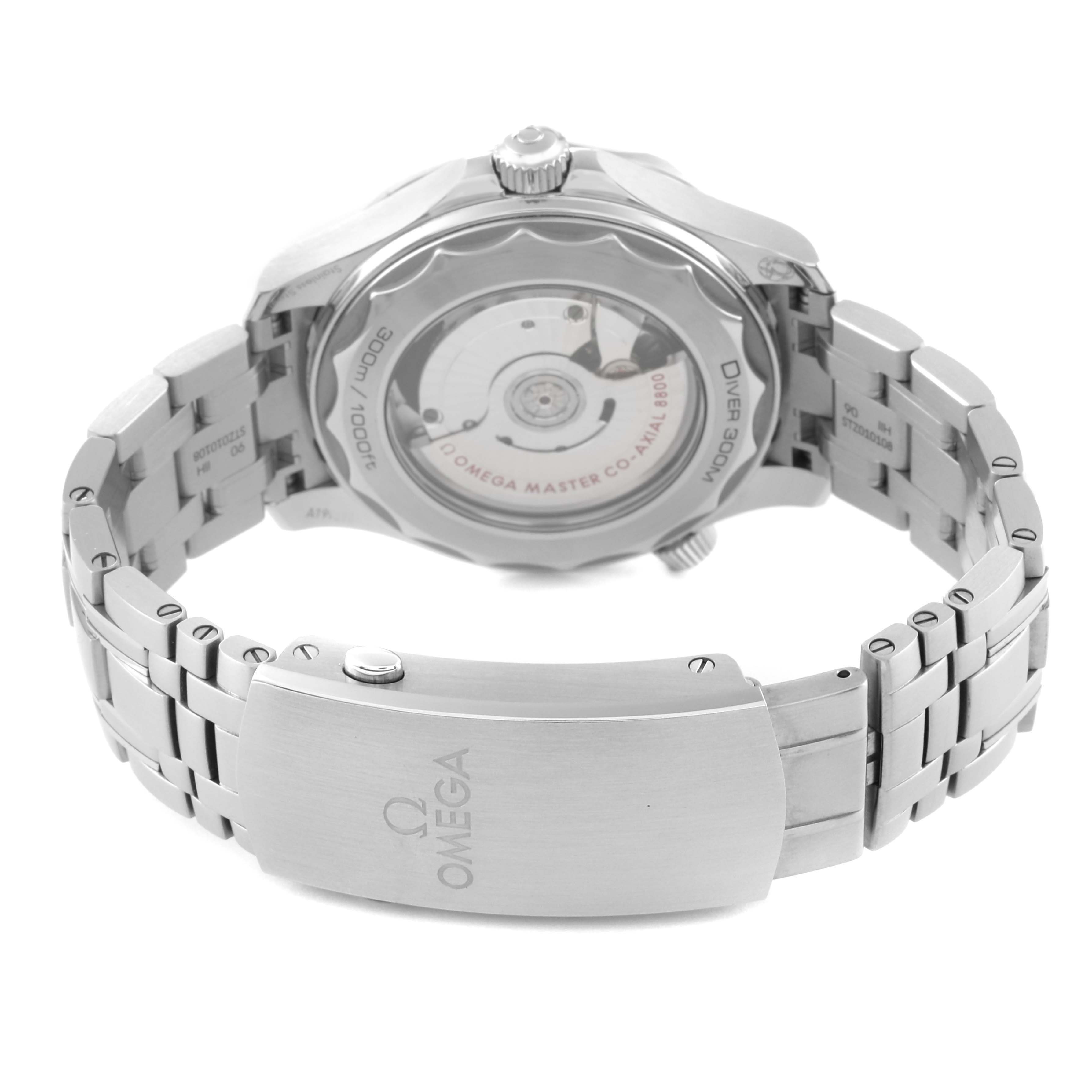 The image shows the back view of an Omega Seamaster 210.30.42.20.10.001 Men's Stainless Steel Green Dial 210.30.42.20.10.001 Men's Stainless Steel Green Dial watch, highlighting the case back, deployment clasp, and metal bracelet.