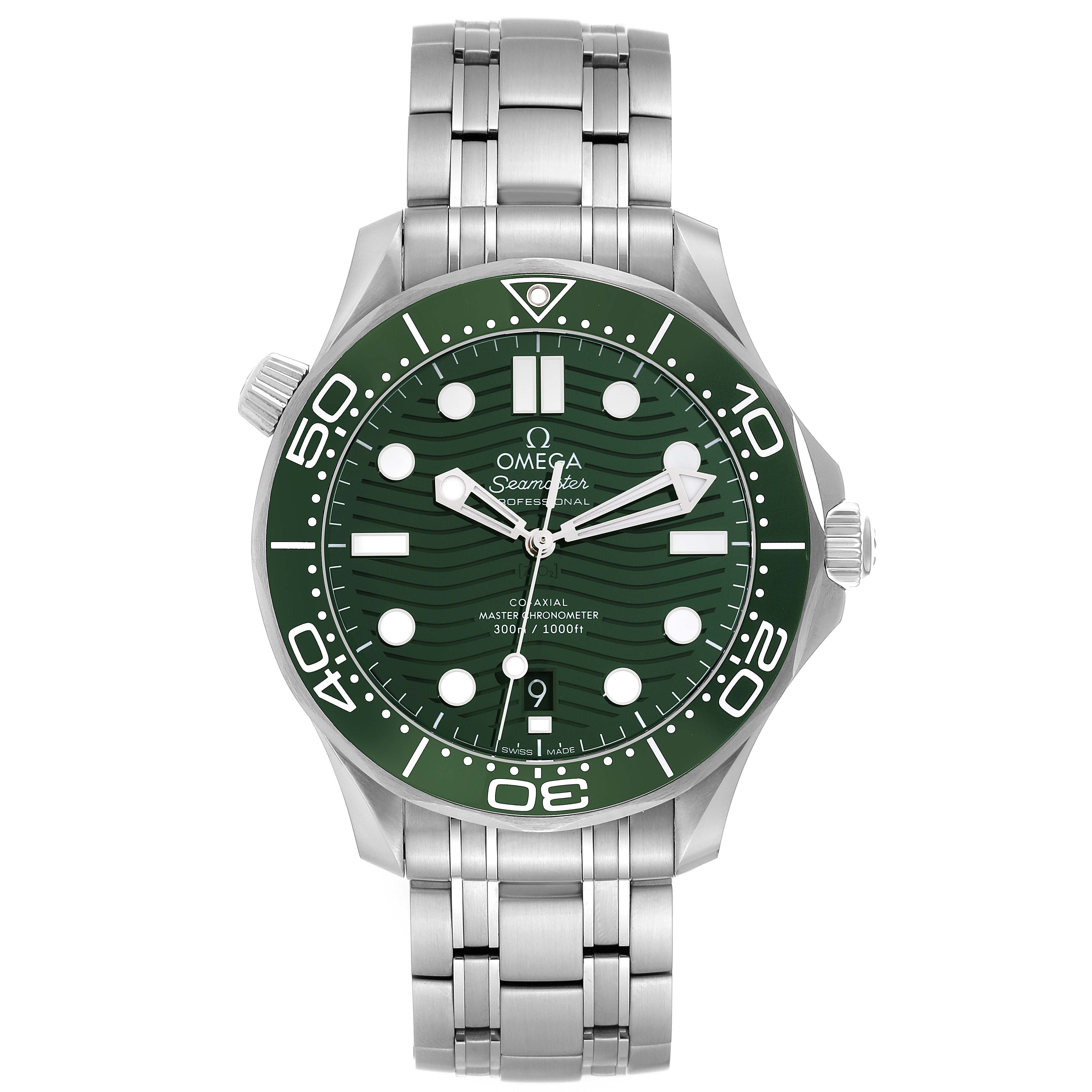 The image shows a front view of the Omega Seamaster 210.30.42.20.10.001 Men's Stainless Steel Green Dial 210.30.42.20.10.001 Men's Stainless Steel Green Dial watch, displaying its green dial, bezel, hands, and metal bracelet.